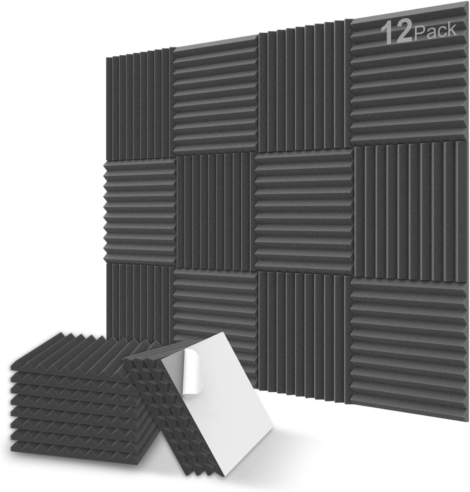 12 Pack - Charcoal Acoustic Panels Studio Foam Wedges 2.5 X 30 X 30cm/1" X 12" X 12" (12-pack-black, Self-Adhesive)