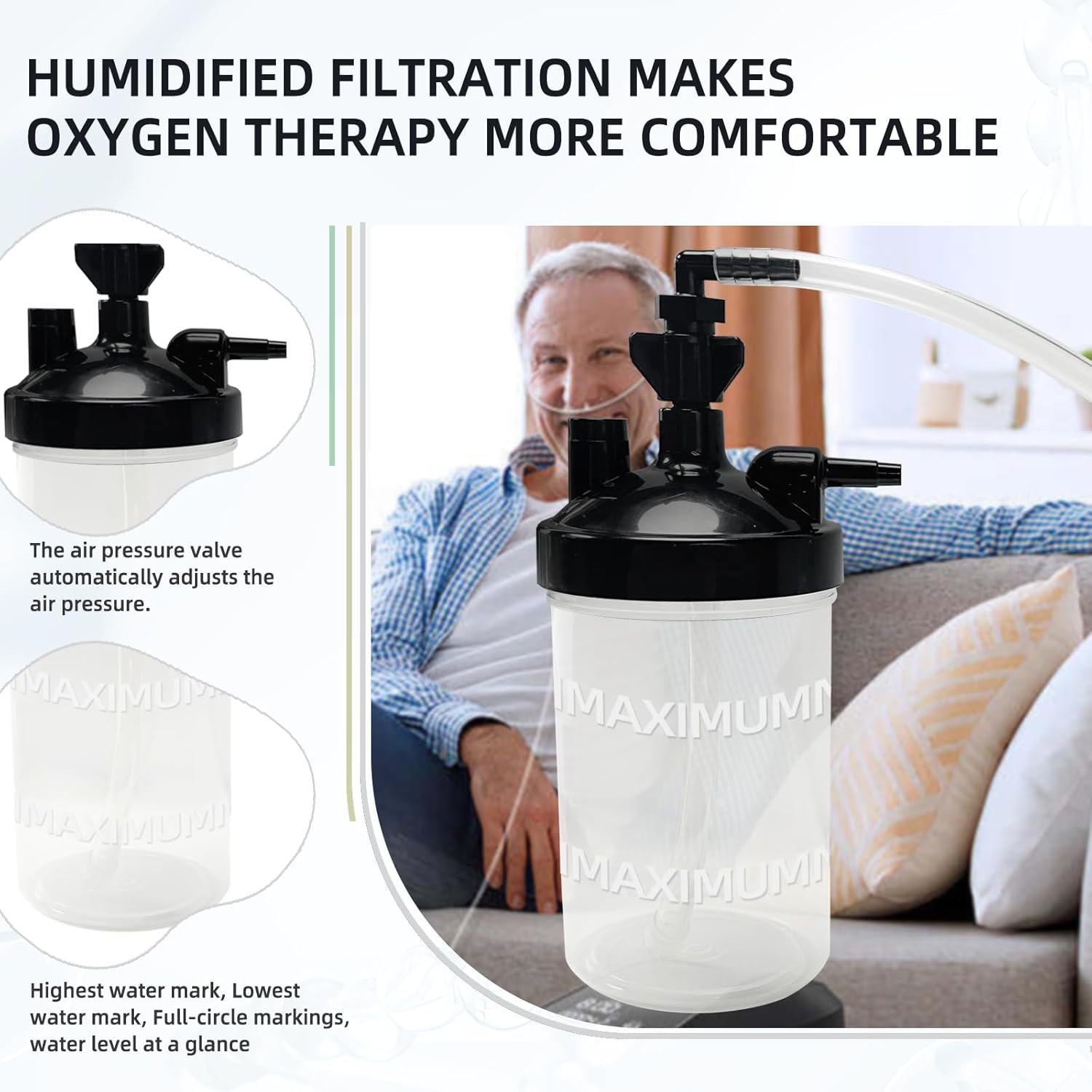 3-Pack Oxygen Humidifier Bottle with 12'' Adapter Tubing,Easy Install, Lightweight Portable