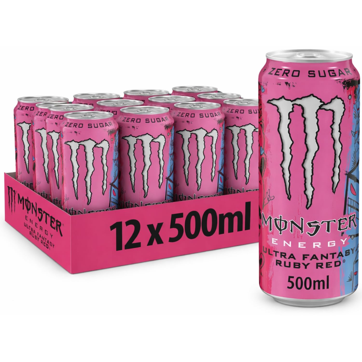monster energy - ultra fantasy ruby red zero sugar energy drink (12 x 500ml) by cougar | citrus flavoured sparkling beverage with caffeine, taurine & l-carnitine | refreshing low calorie drink for daily energy boost – (imported-uk)