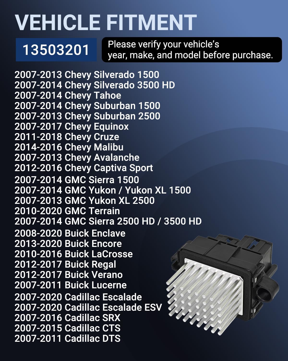 HVAC Blower Motor Resistor 13503201 Compatible for Chevy Silverado 1500 Equinox Cruze Malibu Tahoe Suburban & GMC Sierra 1500 Terrain Yukon & Buick Enclave Encore & Cadillac Escalade CTS SRX - 5Pin