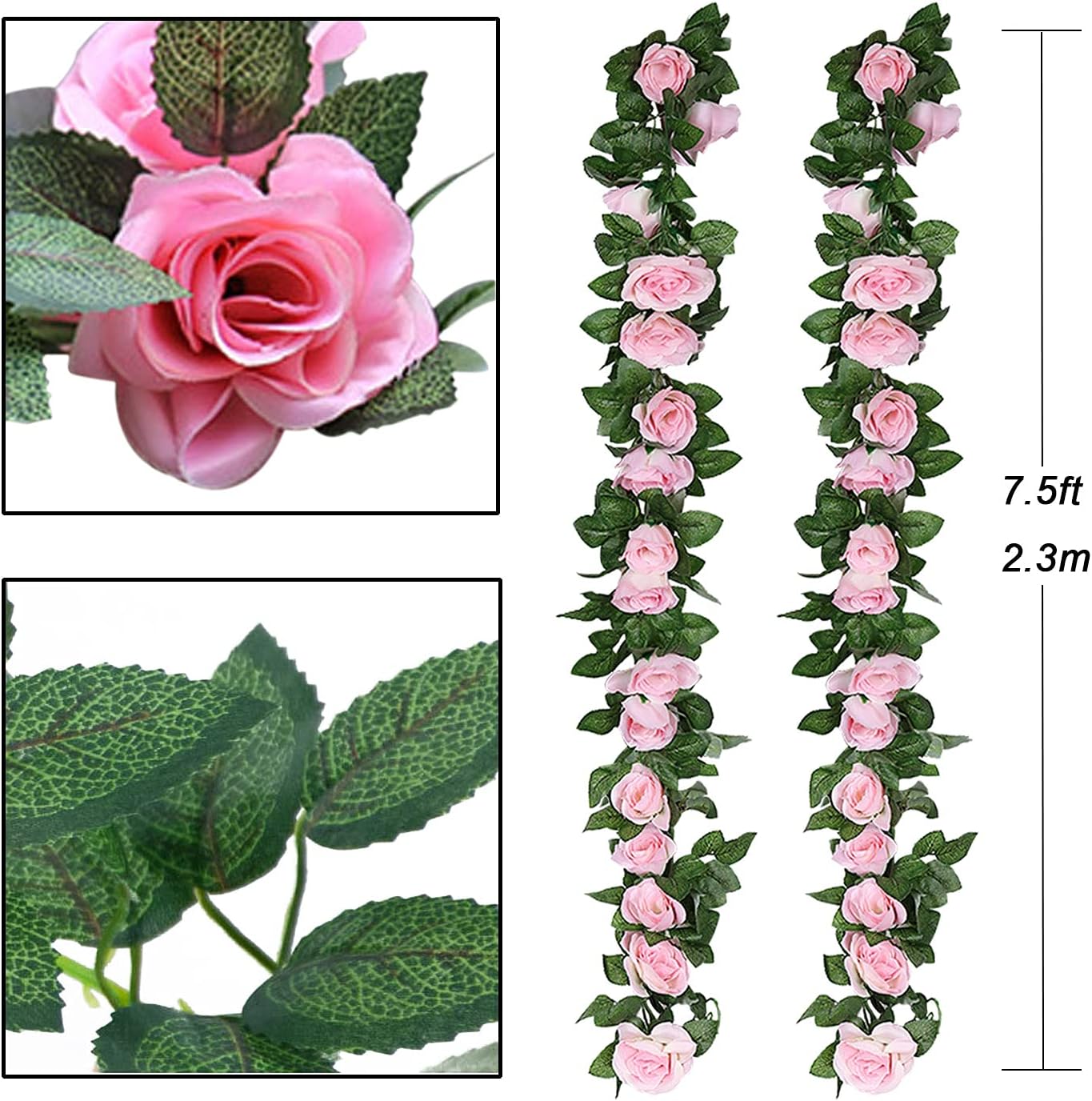TSHAOUN 2 Pack Artificial Rose Vines Garland Fake Flower Plants Arts Hanging Decoration for Outdoor Indoor Home Kitchen Garden Office Wedding Ceremony Hotel Party 2 x 7.5 FT(Pink) - Image 4