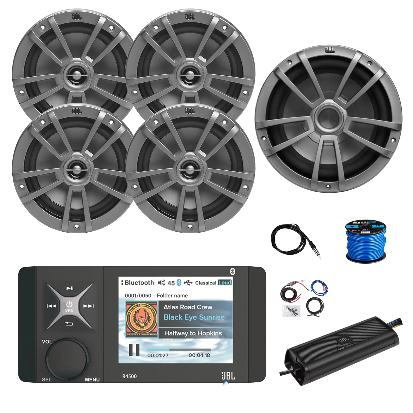 Marine Bluetooth AM/FM/WeatherBand Radio Receiver, 4X 6.5 180 Watt 2-Way Multi-Element Audio Speakers (Gray), Wire, Antenna, 10