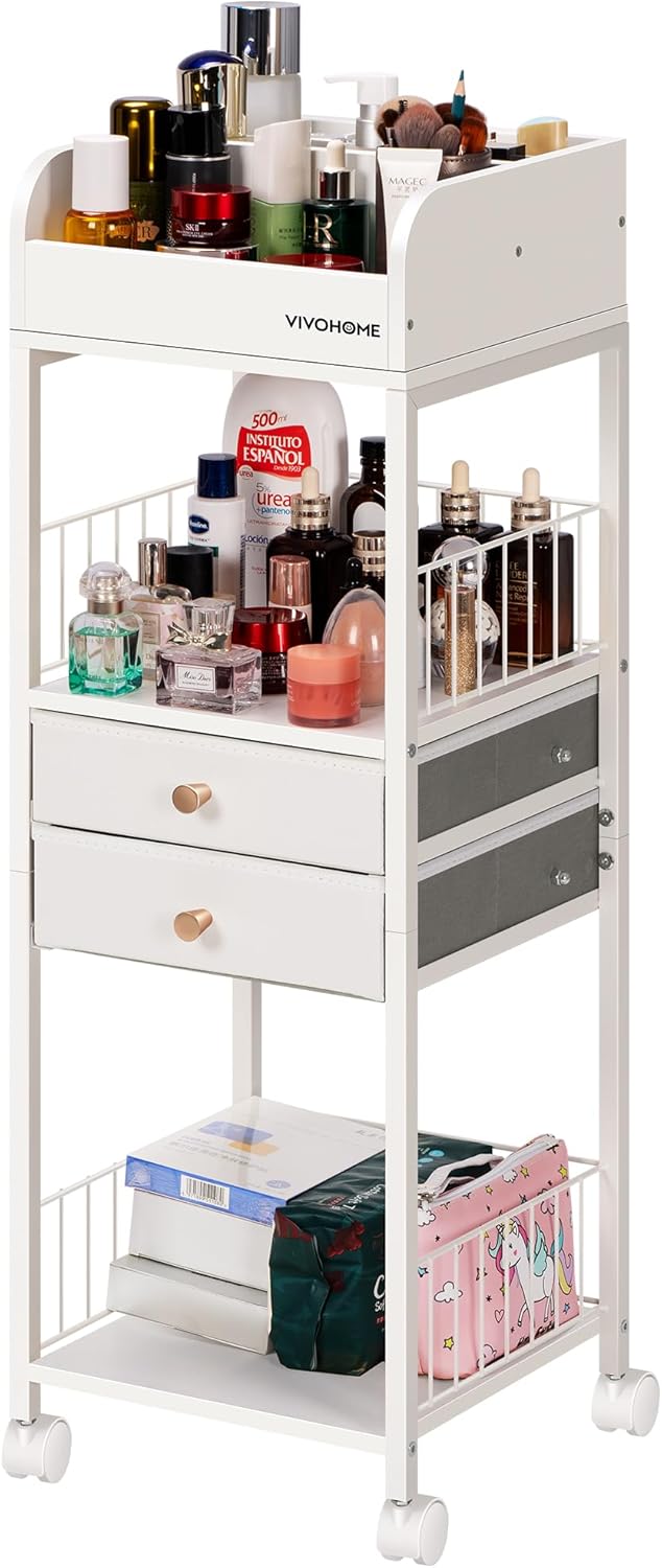 VIVOHOME Makeup Organizer with Drawers, Cosmetics Display Cases, 2 Shelves Floor Skincare Organizer Cart, Vanity Organizer Holder for Perfumes, Nail Polish, Hair Tools, Bags, Gift for Mom, White
