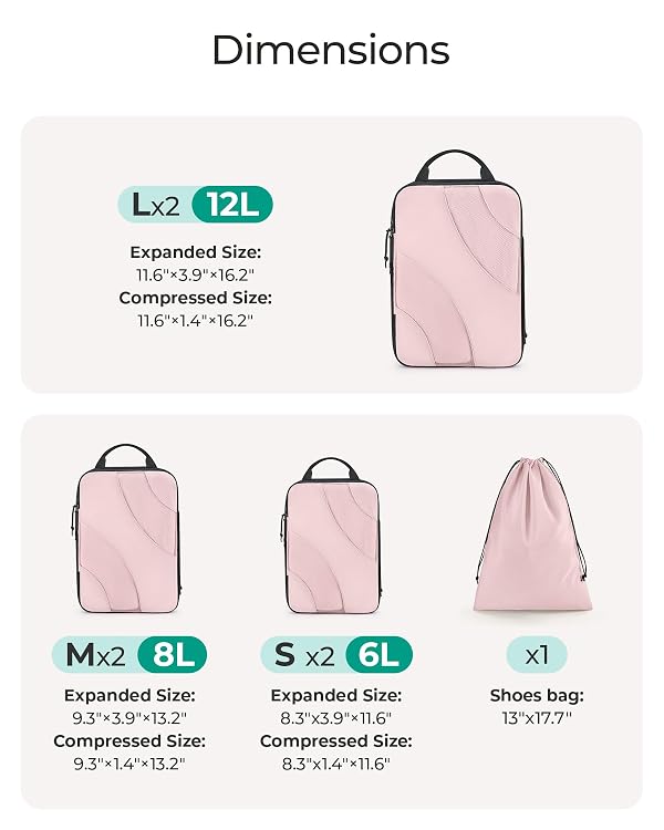 BAGSMART Compression Packing Cubes for Travel, 6 Set Travel Packing Cubes for Suitcases, Compression Suitcase Organizers Bag Set, Lightweight Packing Organizers Pink Pearl by BAGSMART - Used condition - Image 3