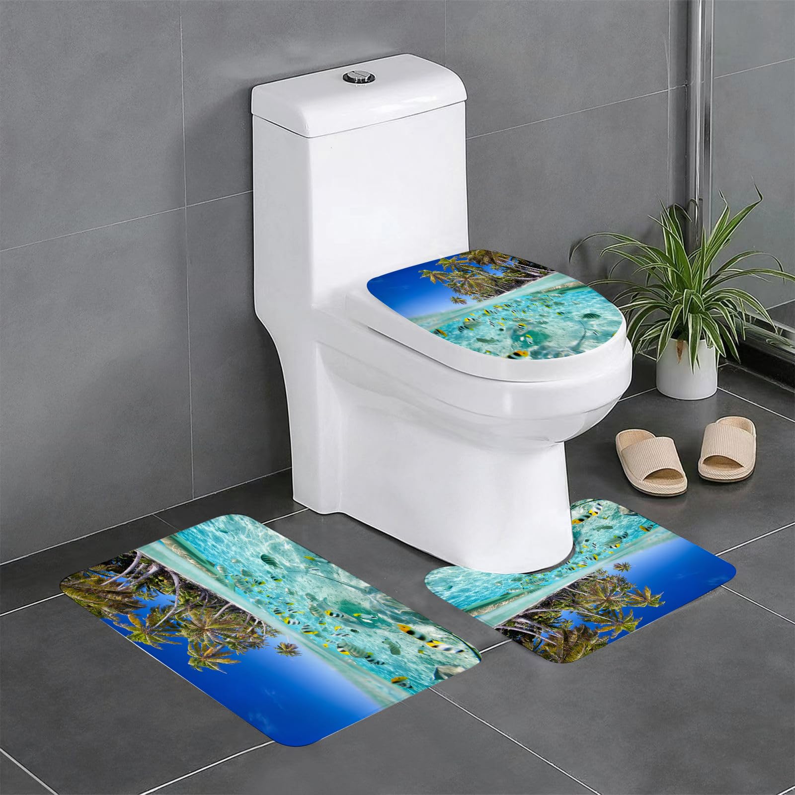 Set di 3 tappetini da Bagno, Lavabili in Lavatrice e Antiscivolo, tappetini in Morbida Fibra Superfine, Tropicale, Isola esotica sopra e sotto la Superficie, Costa incontaminata e