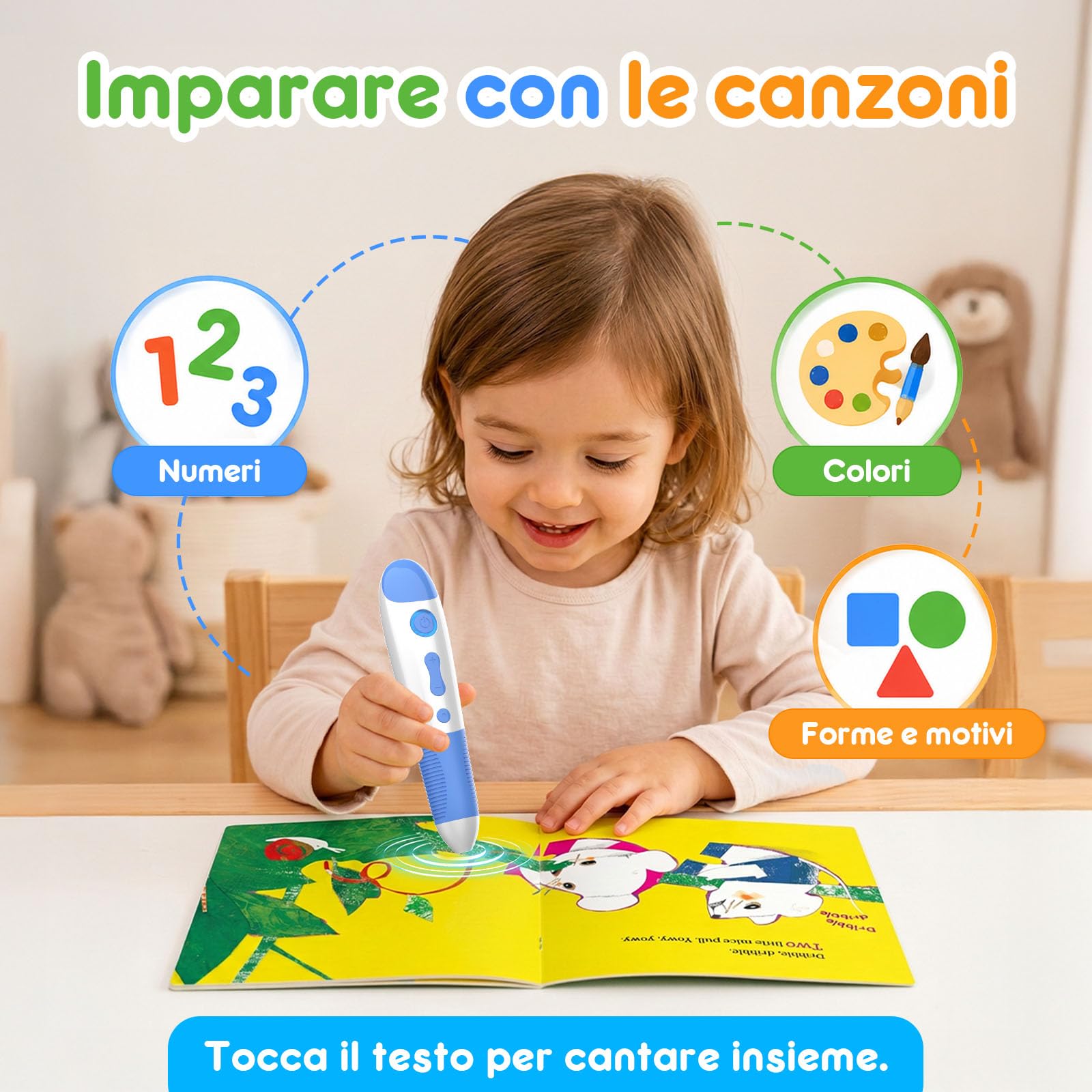 Penna educativa interattiva con 10 libri di canzoni inglesi, penna per bambini da 2 a 5 anni, giocattolo educativo audio, promuovere la voce, ricaricabile (USB-C)