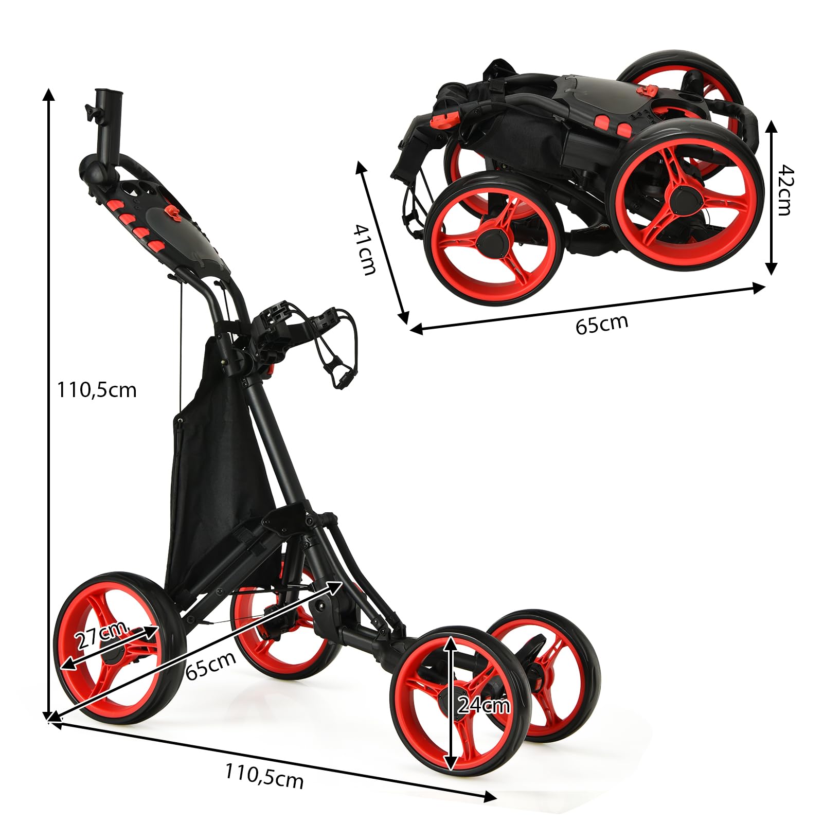 GYMAX Carrito de Golf Plegable de 4 Ruedas, Posiciones de Altura Ajustables, Ligero, con Soporte para Paraguas Ajustable, Bolsa Impermeable, Refrigerador Incorporado, Freno de Pie