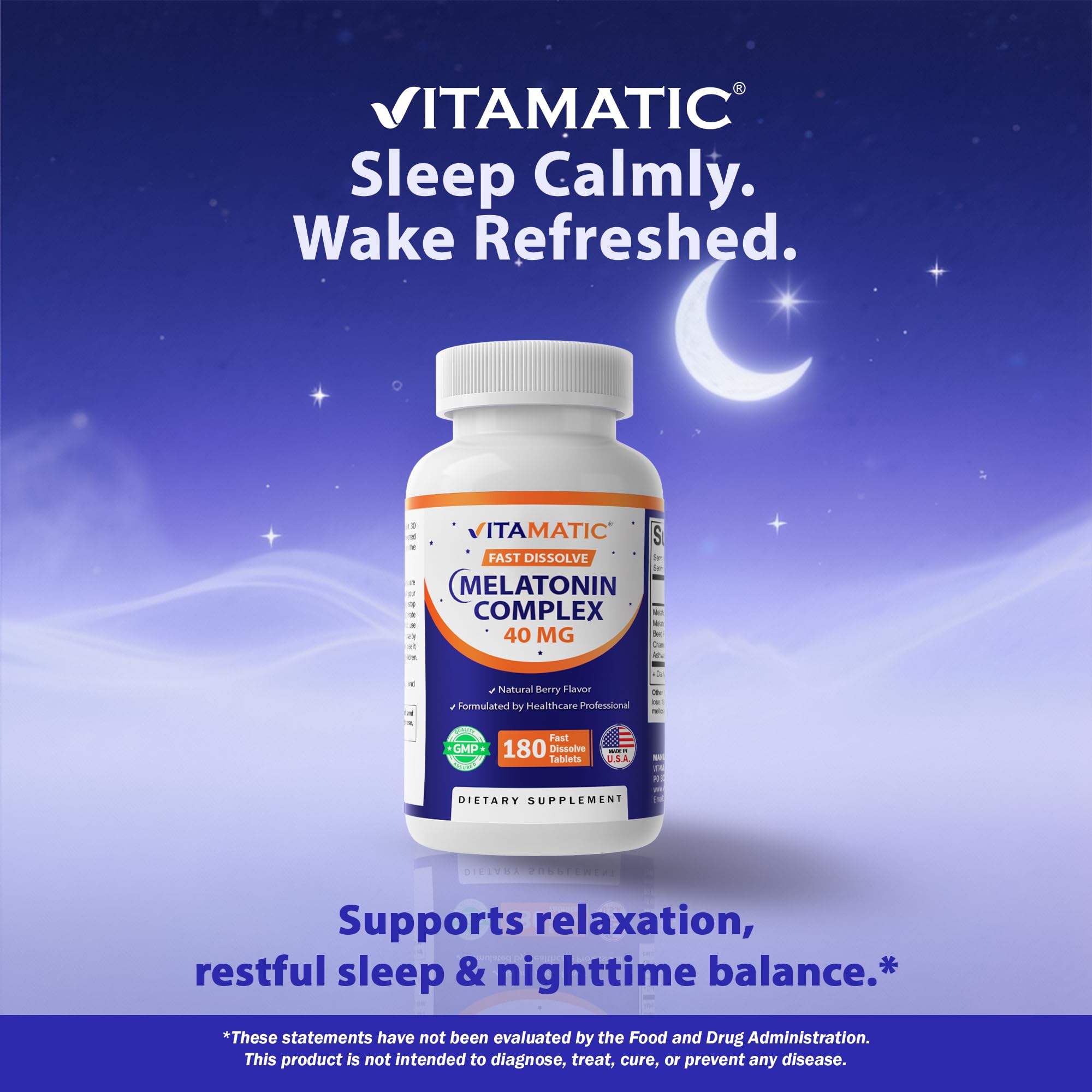Vitamatic Fast Dissolve Melatonin Complex 40 mg – Natural Berry Flavor – 180 Tablets | Made with Beet Root, Chamomile & Ashwagandha Extract | Non-GMO, Made in USA — Amazon image 4