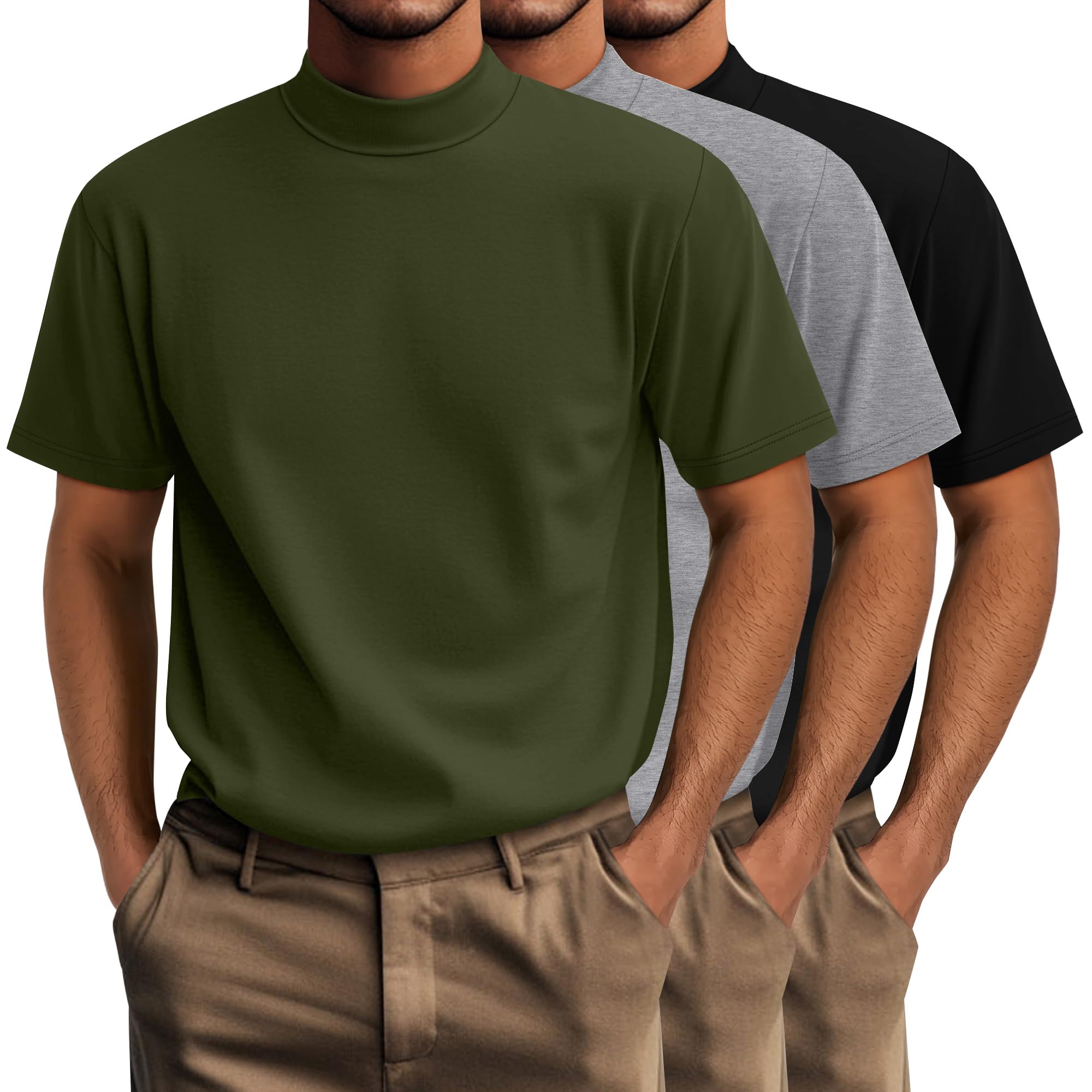 Riyiper 3 Pack Big and Tall Men's Mock Turtleneck Shirt Short Sleeve Cotton Basic Tops Slim Fit Casual Undershirt Tops