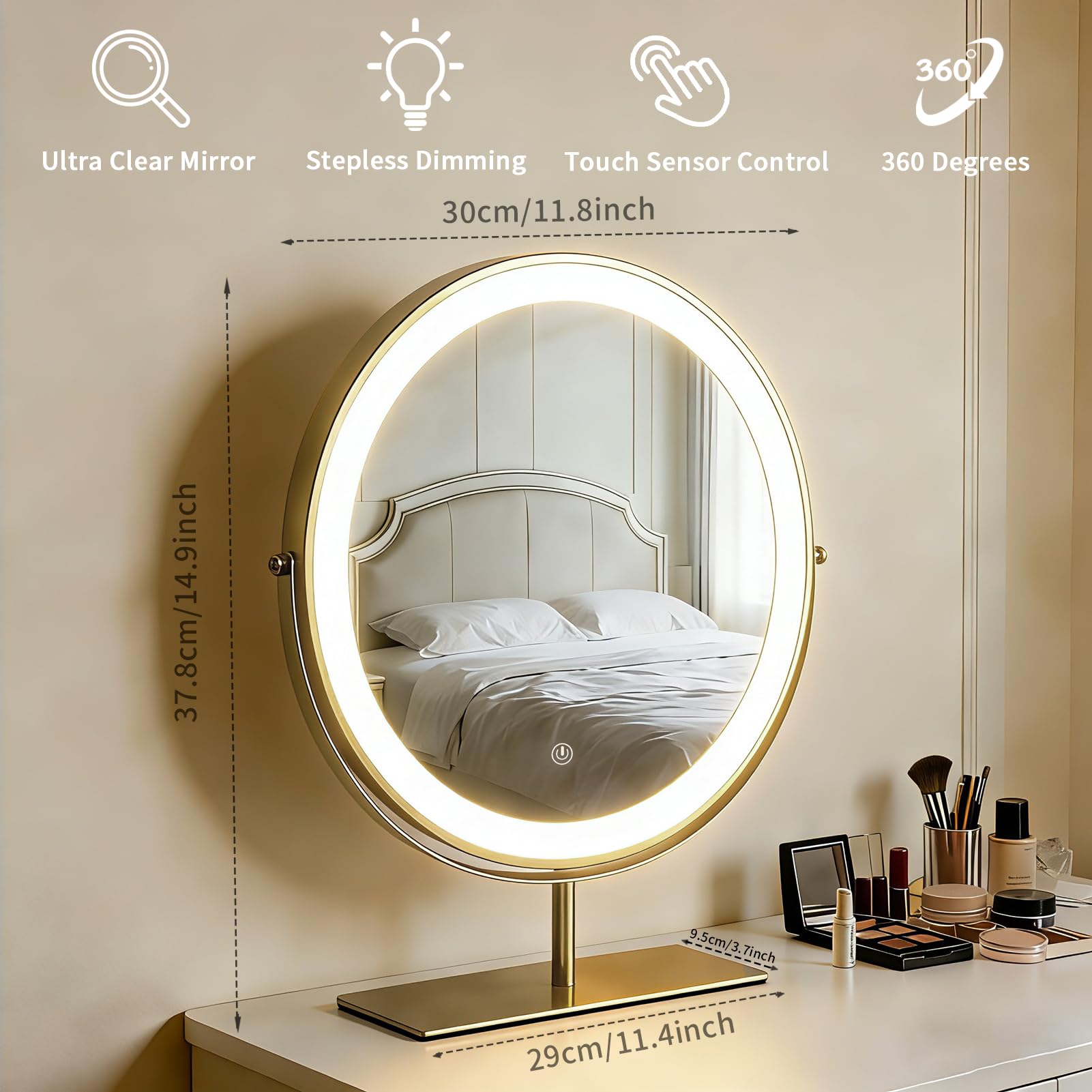 Kosmetikspiegel mit Lichtern, rund, beleuchteter Make-up-Spiegel, hochauflösender, beleuchteter Spiegel für Schlafzimmer, Touch-Steuerung, 3 Farben, dimmbar, 360° drehbar, goldfarben, 40,1 cm