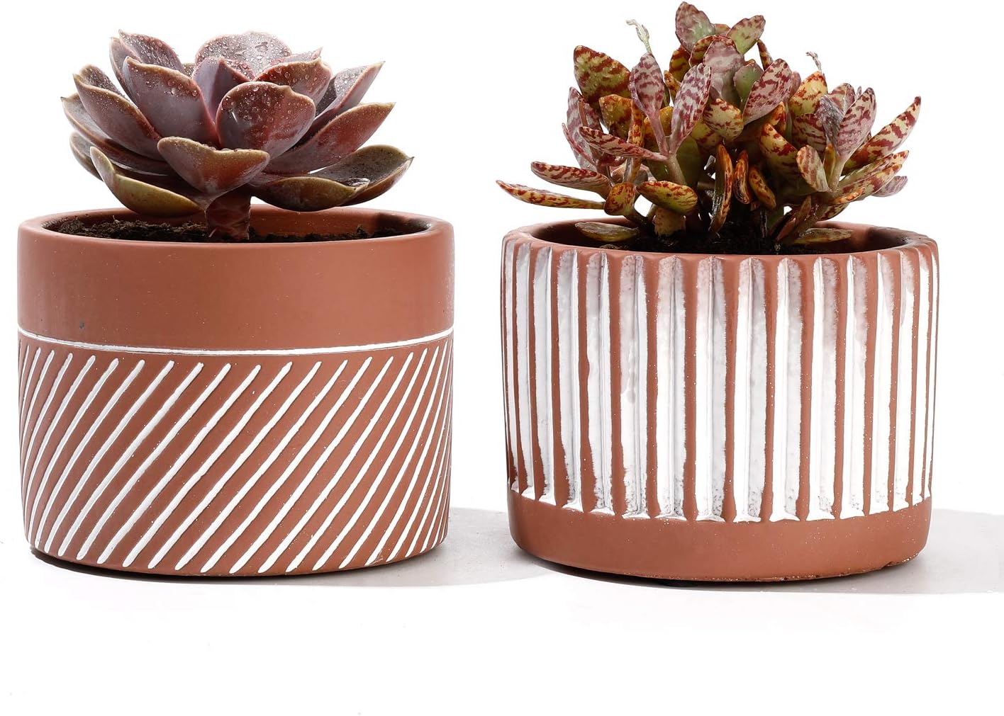POTEY Cement Planter Flower Pot - 4.1 Inches Bonsai Containers Unglazed Medium for Indoor Plant with Drain Hole - Brown, Set of 2