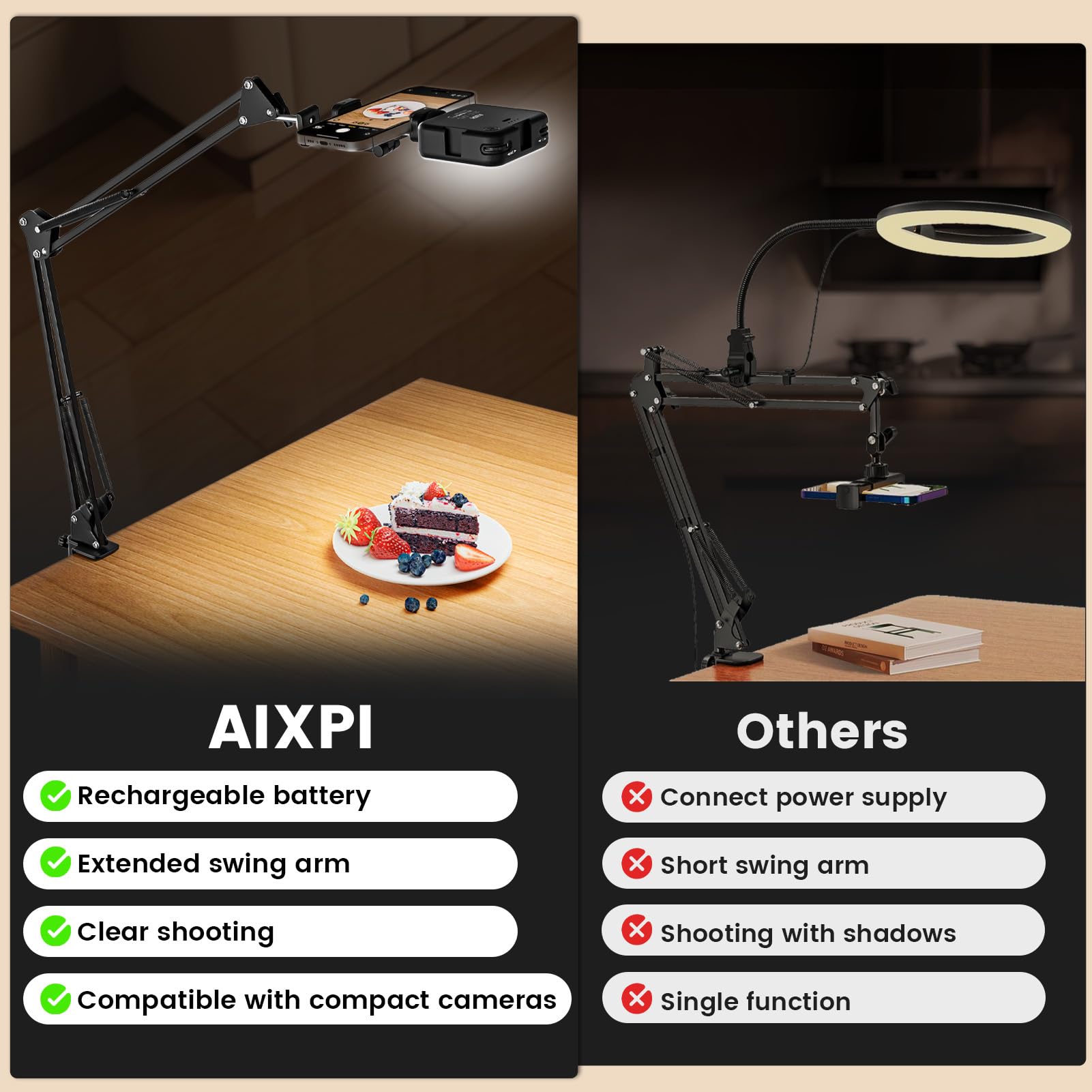 Overhead Stativ Handy mit Licht,Winkel einstellbar Handy Stativ mit Licht 3 Lichtfarben Einstellbare Helligkeit Ringlicht Flexiblem Arm Halterung für Tiktok, YouTube, Live-Streaming, Videoaufnahmem