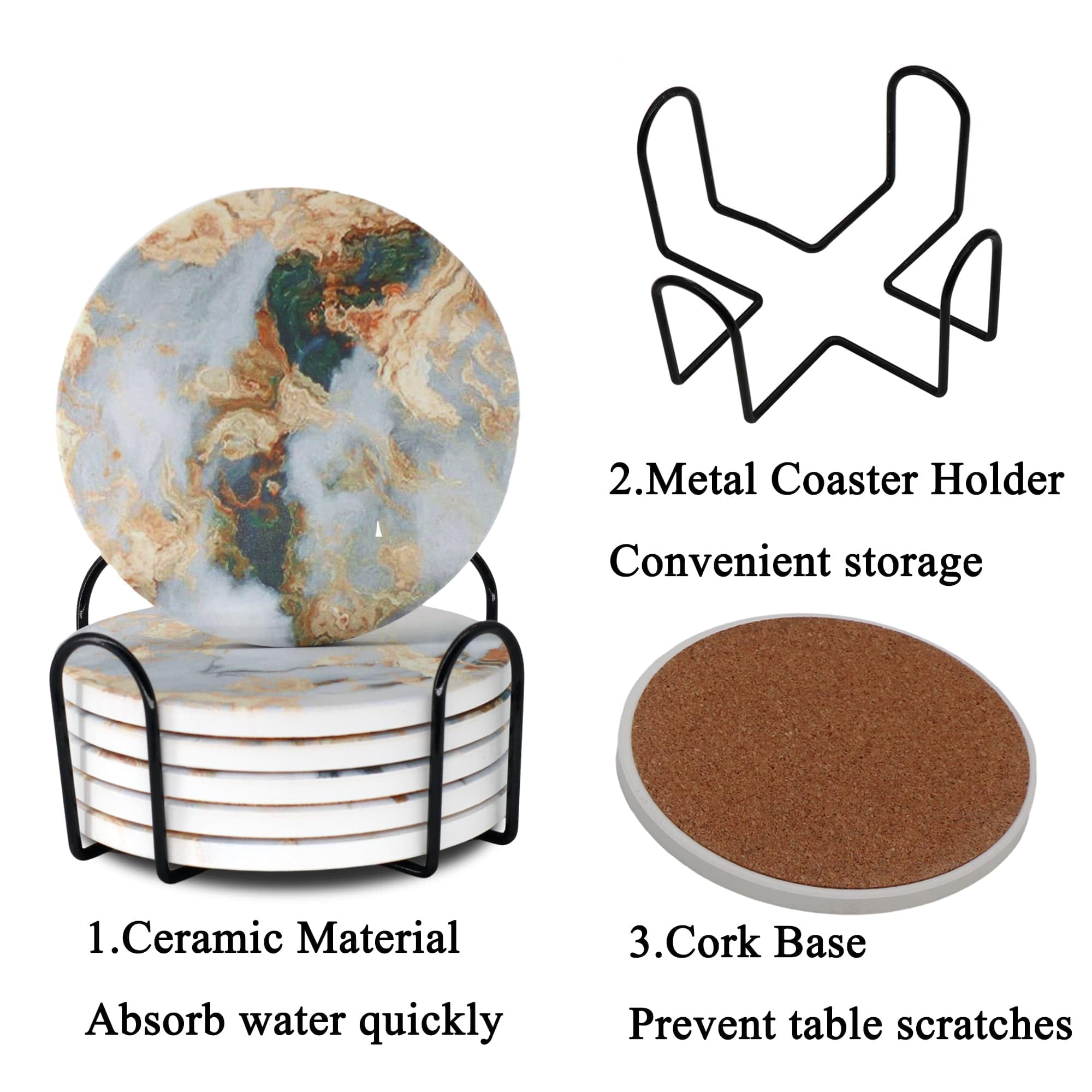 Set 6 Sottobicchieri In Ceramica Stile Marmo - Con Supporto, Assorbenti - Per Tavolo, Bar, Casa - Foto 7