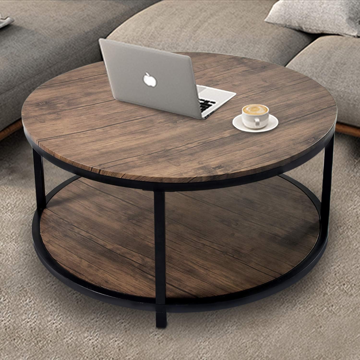 36โRound Coffee Table, Rustic Wooden Surface Top & Sturdy Metal Legs Industrial Sofa Table for Living Room Modern Design Home Furniture with Storage Open Shelf (Oak)