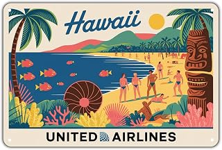Hawaii Beach Scene Tin Sign, Vintage United Airlines Hawaii Tropical Beach Metal Sign Print Aesthetic Room Decoration for Home Bedroom Kitchen Bar Coffee Bathroom Indoor Outdoor Wall Decor, 8 X 12 IN