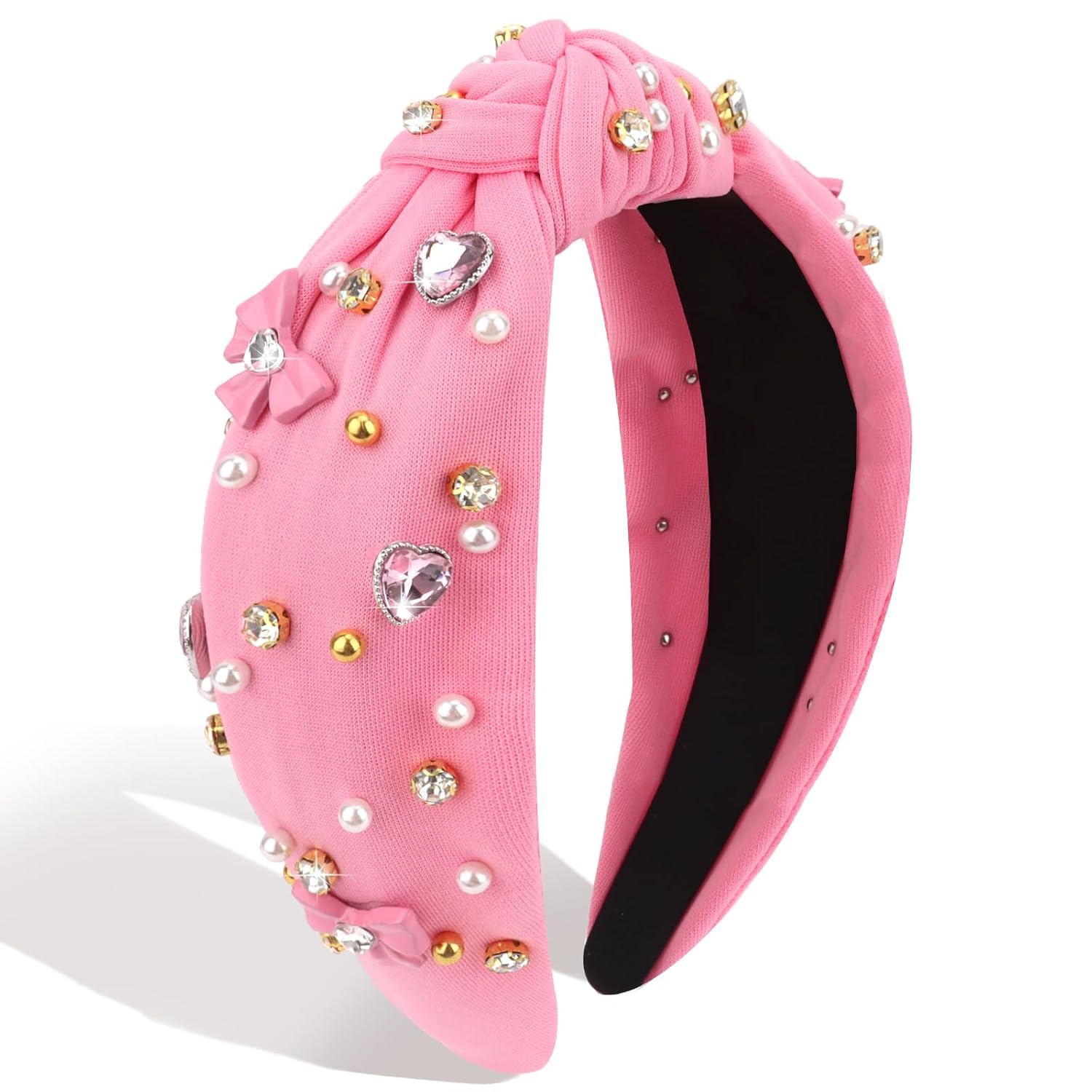 Headbands for Women Valentines Day Pink Knotted Rhinestone Pearl Hair Accessory