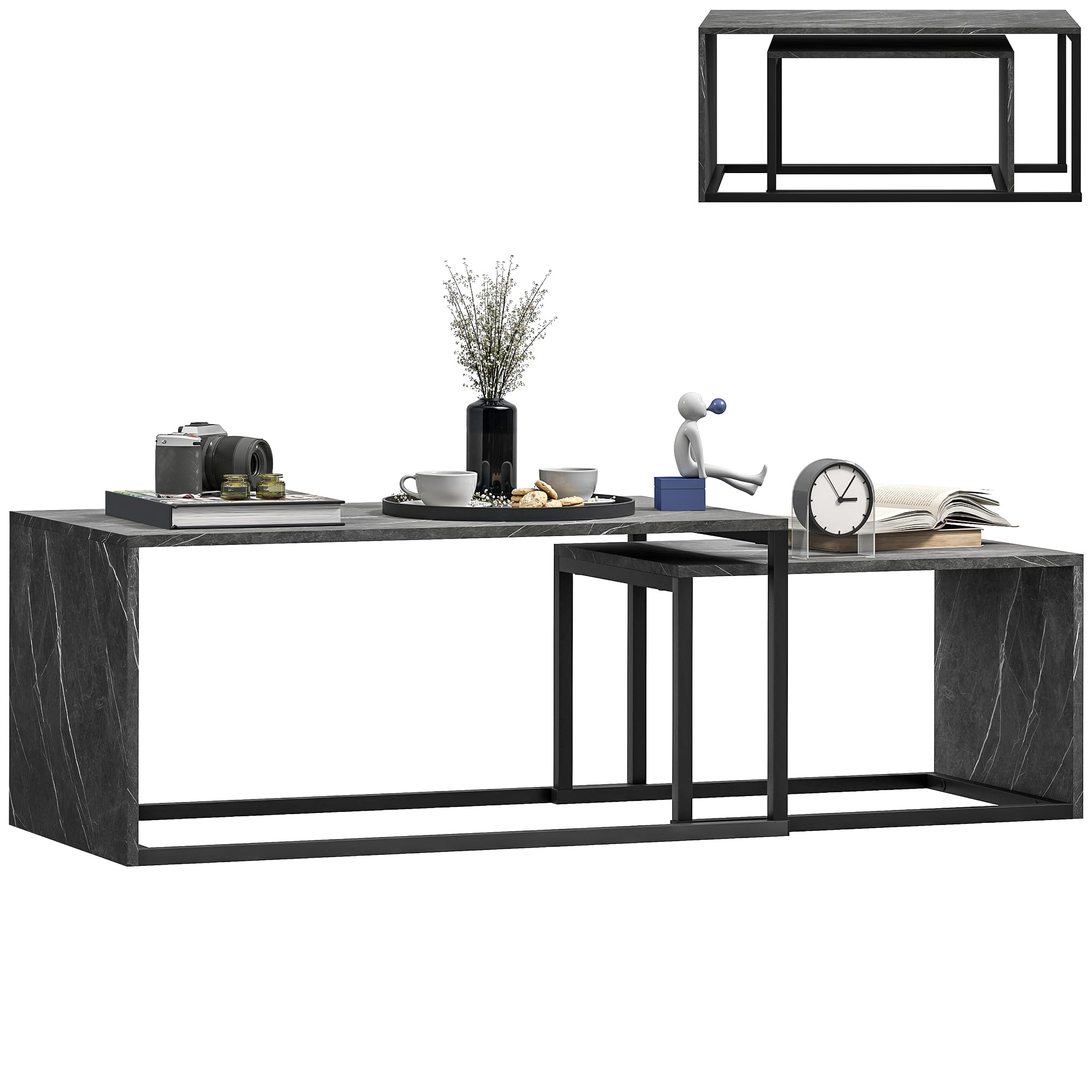 HOMCOM Lot de 2 Tables Basses gigognes Design Industriel encastrable dim. Grande Table 90L x 48l x 42H cm métal Noir Effet marbre Gris foncé