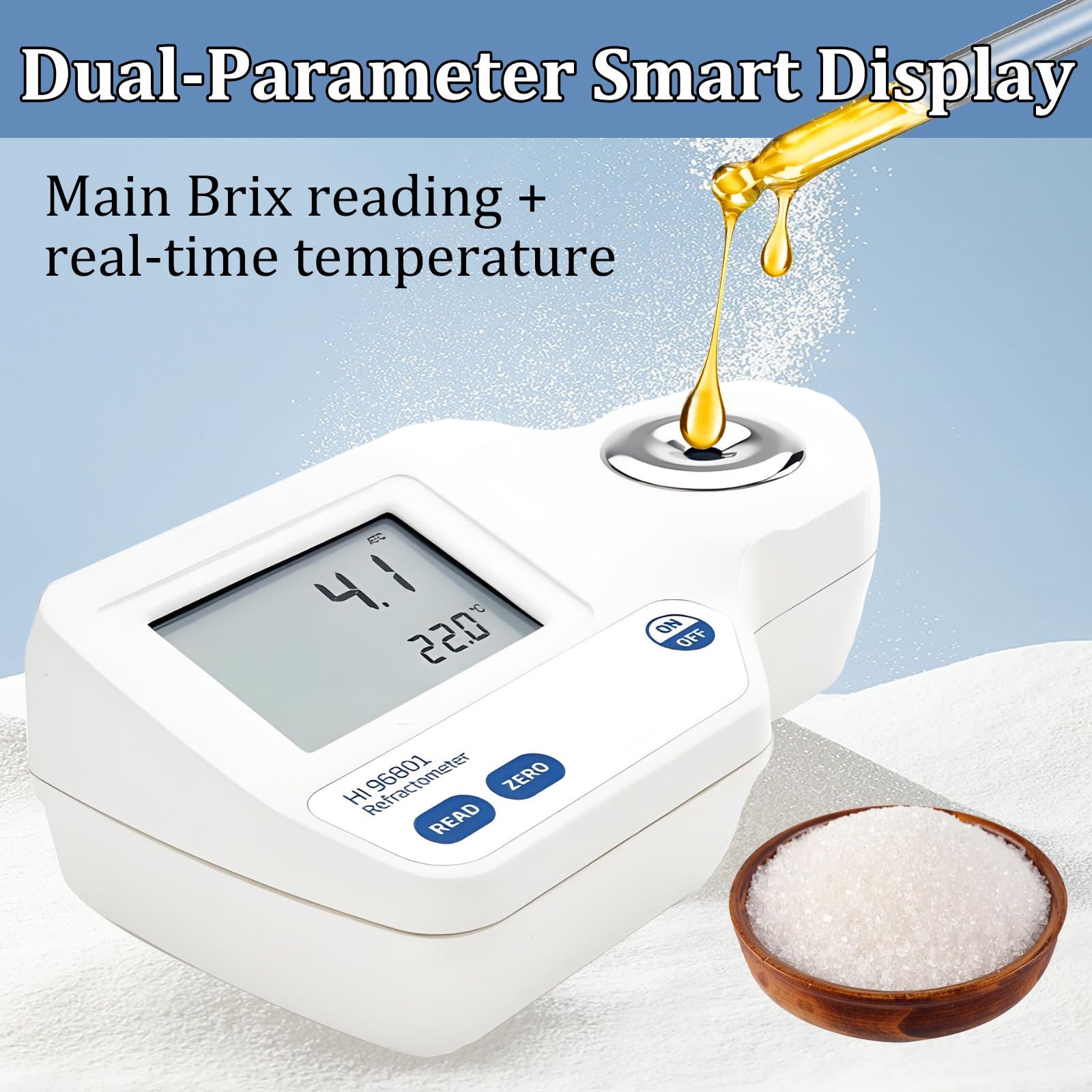 Cyfrowy refraktometr do pomiaru cukru, podwójny wyświetlacz z ATC i czujnikiem temperatury, wodoodporny tester klasy spożywczej IP65, dokładność 0,1%, przenośny z obudową