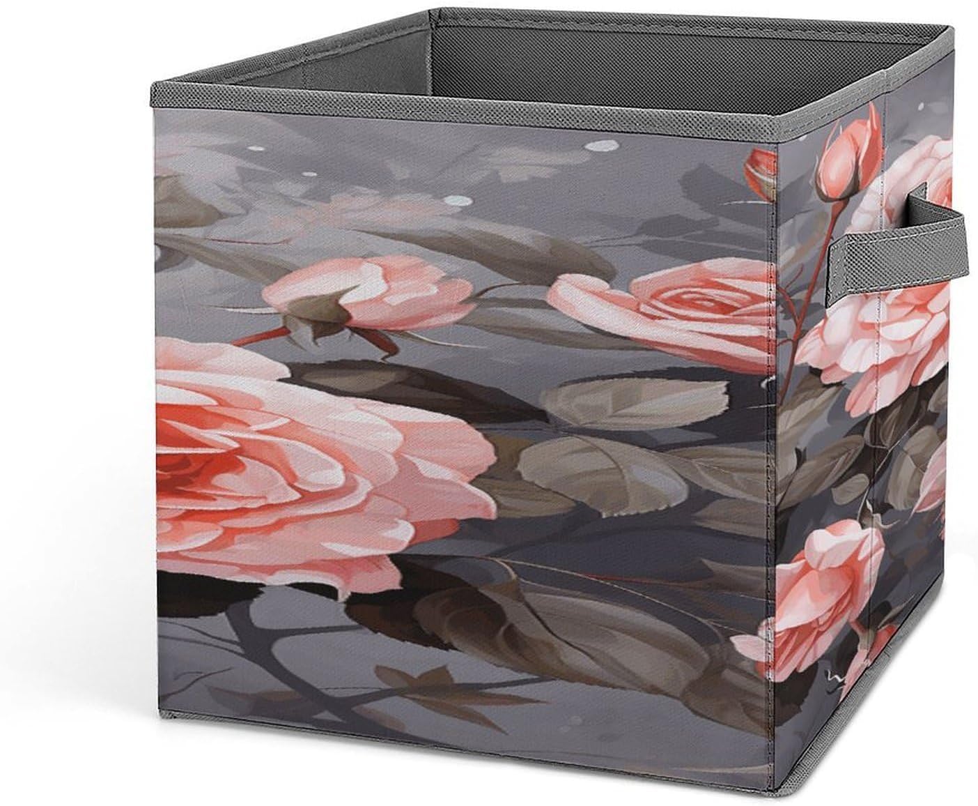 Rose Flowers with Leaves Fabric Bins Storage Basket Square Baskets | Storage Bin with Double Handles,Cube Collapsible Organizers for Organization,Closet,Shelves,Offices