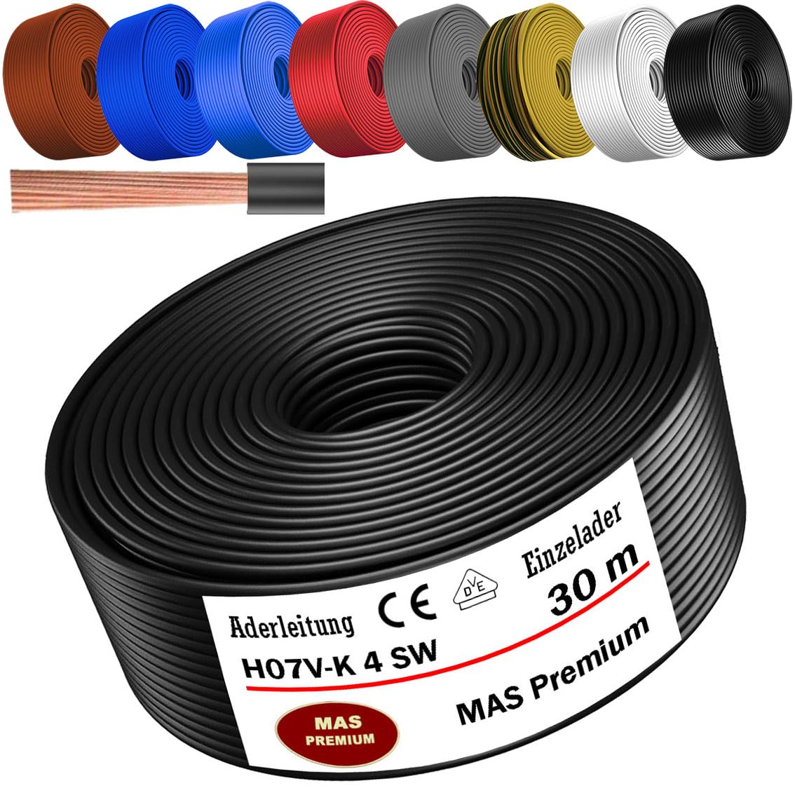 MAS Premium Przewód żyłowy od 5 do 100 m H07 V-K 4 mm², czarny, brązowy, ciemnoniebieski, zielono-żółty, szary, jasnoniebieski, biały lub czerwony, elastyczny (czarny, 30 m)