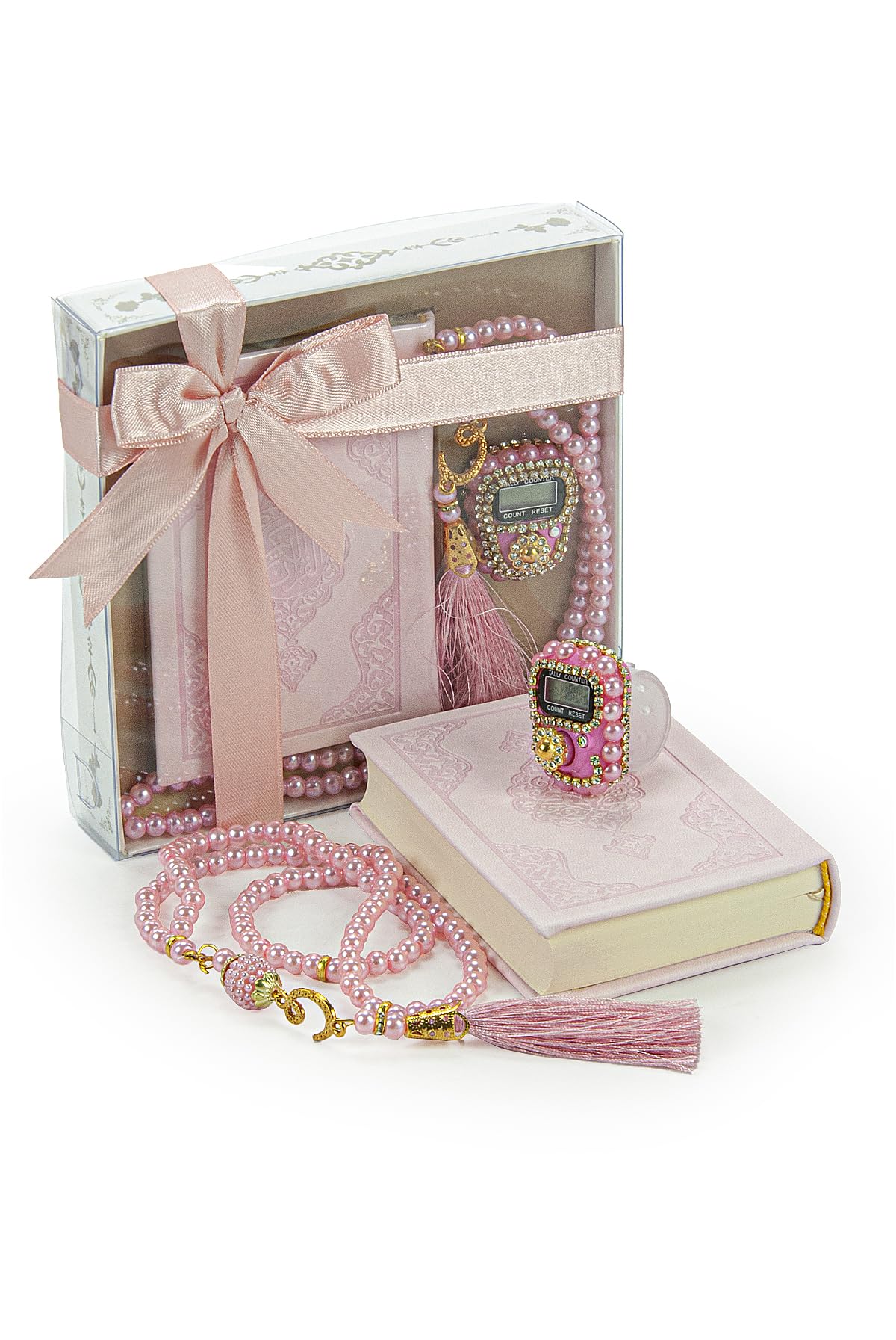 İhvan Online Medina Calligraphy Quran Set with Islamic Finger Counter, Portable Digital Prayer Tasbeeh, Pearl Zikirmatic Beads, 3 Pieces Gift for Ramadan & Eid & Mawlid (Pink)