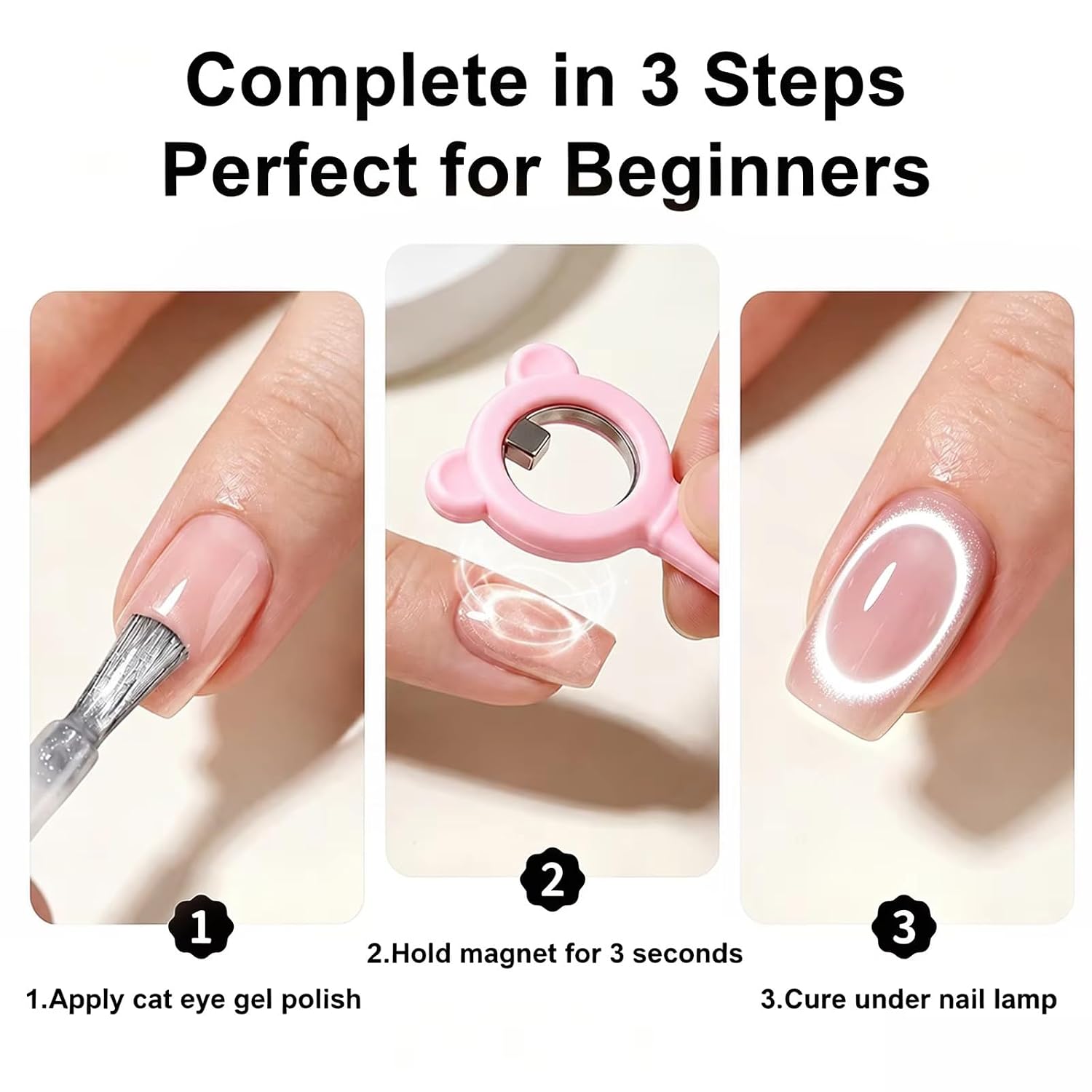 WOKOTO 4PCS Cute Bear Dual-End Cat Eye Nail Magnet Set, Silicone Handle Ring Square & Heart Magnet Tool For Hollow Ring, Half Moon & Heart Cat Eye Nail Art Design Magnet (Pink/Purple/White/Black)