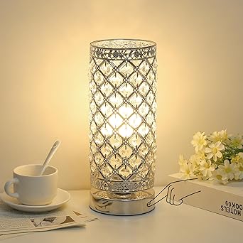 Seaside village Crystal Table Lamp Touch Control Dimmable Accent Desk Lamp Bedside Modern Table Light with Silver Lamp Shade Night Light Fixture for Living Room Bedroom Kitchen