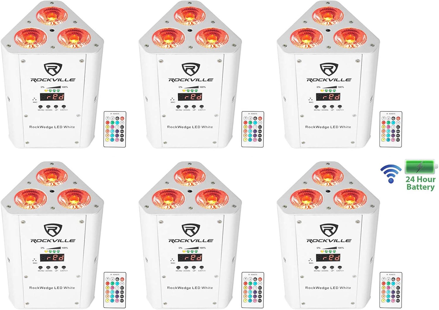 Rockville RockWedge LED RGBWA+UV Rechargeable Wireless Wash Up Light in White Housing, DMX and Sound Modes, for DJs and Events, 6-Piece