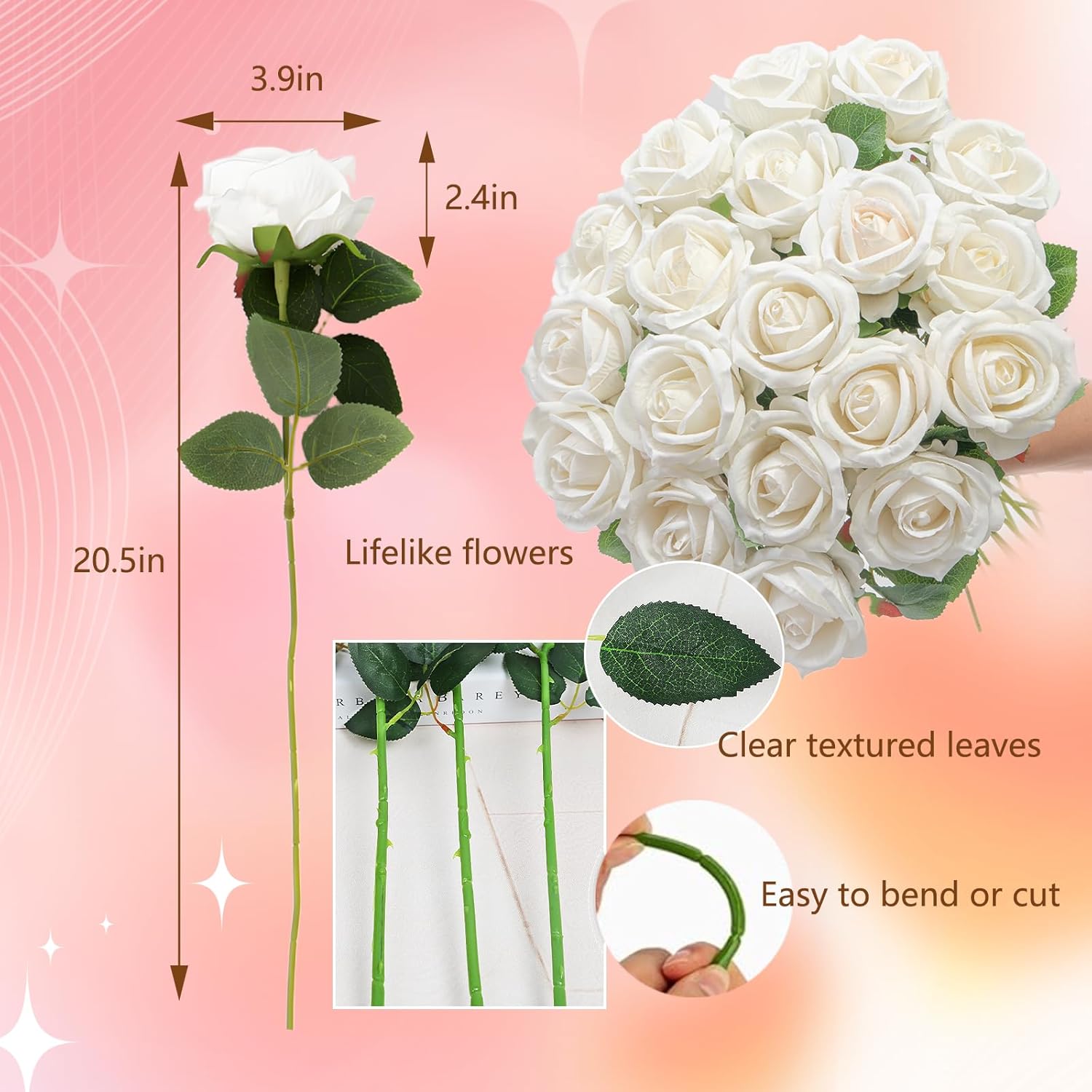 20 Pcs Artificial White Roses, Real Touch Silk Flowers for Home Décor, Wedding Centerpieces, Bouquets, Crafts & DIY Floral Arrangements (White)