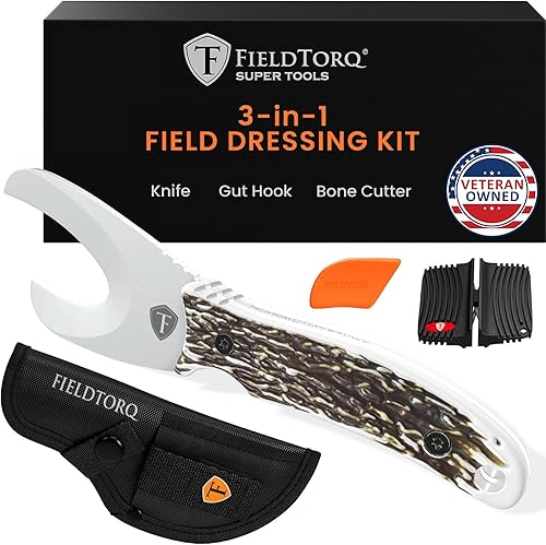Kit de afilado FieldTorq | Herramienta súper 3-en-1 con funda y afilador | Cuchillo de pelado para caza | Gancho intestinal | Juego de cuchillos de
