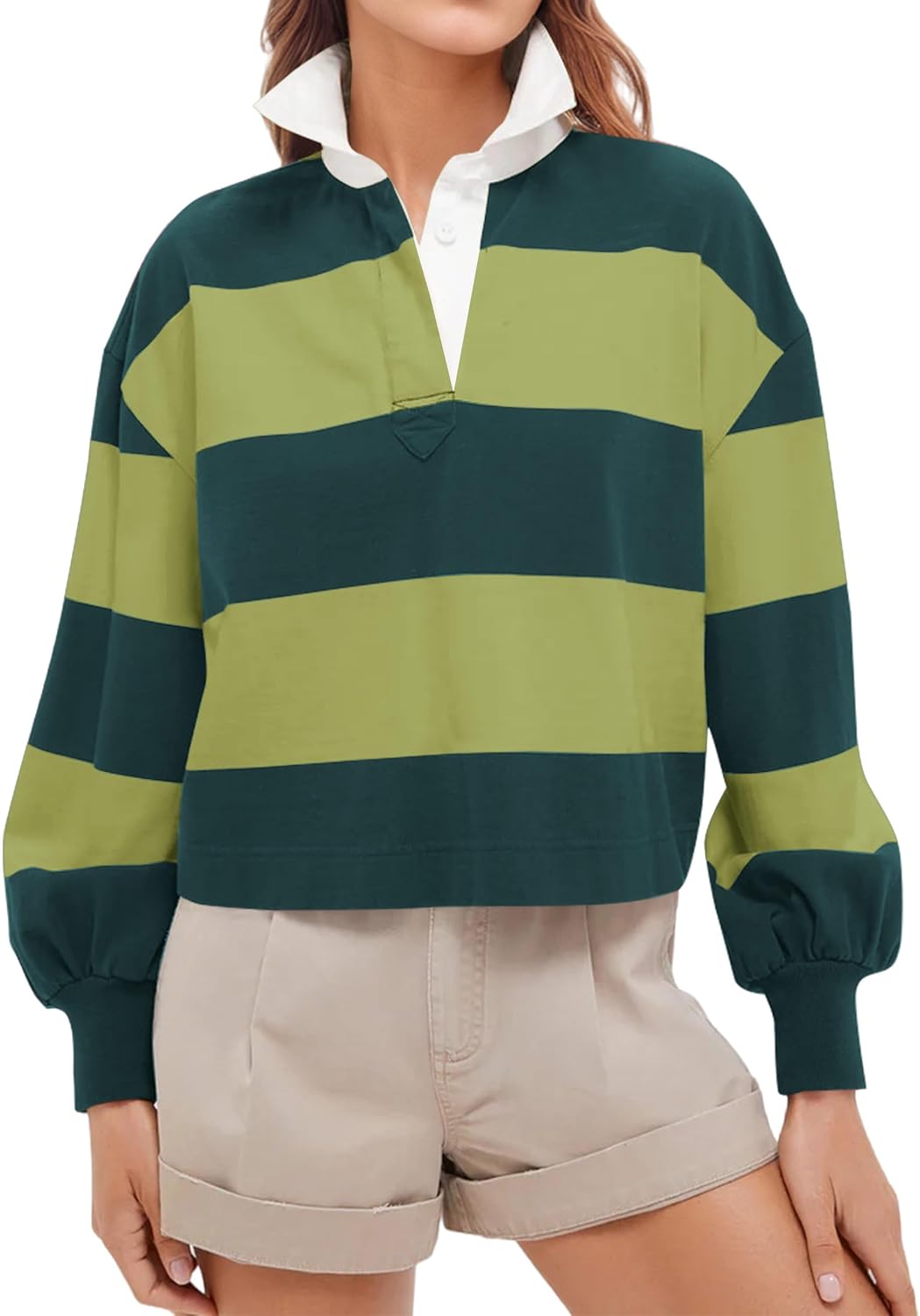JEIBKOUY Womens Striped Color Block Polo Sweatshirt Y2k Long Sleeve Lapel Collar Rugby Shirt Button V Neck Pullover Crop Tops
