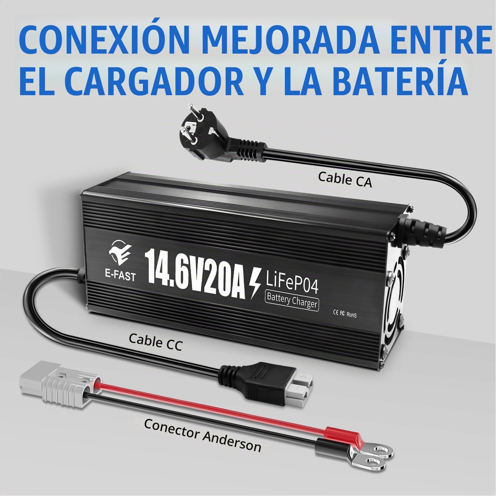 Cargador de batería de 12 V y 20 A, Cargador de batería LiFePO4 de 14,6 V, Especial para baterías Recargables de Ciclo Profundo de Litio
