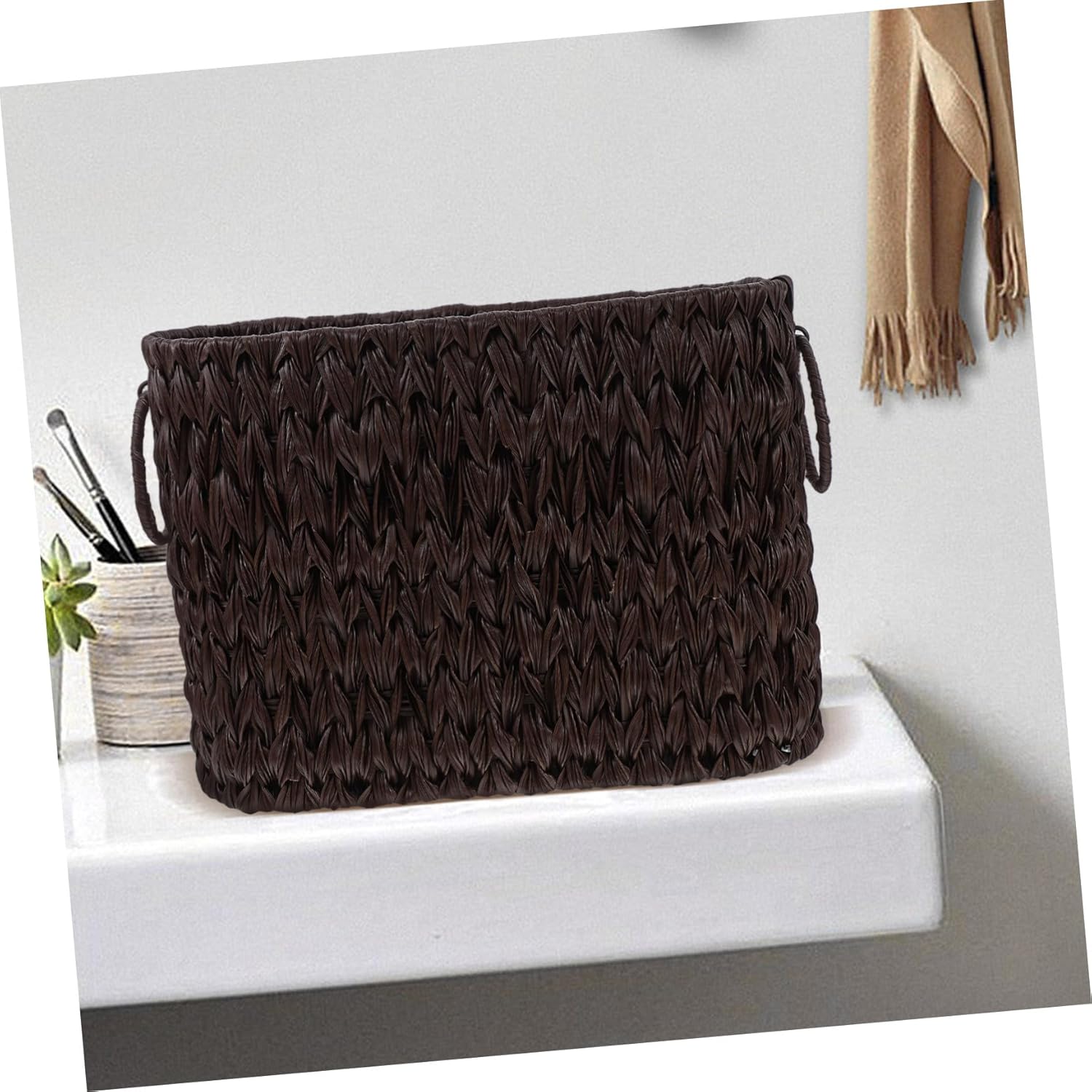 PRETYZOOM Woven Storage Basket for Magazines and Sundries Dual Handle Decorative Organizer for Home Office Multiuse Rattan Bin for Toys Clothes and Towels