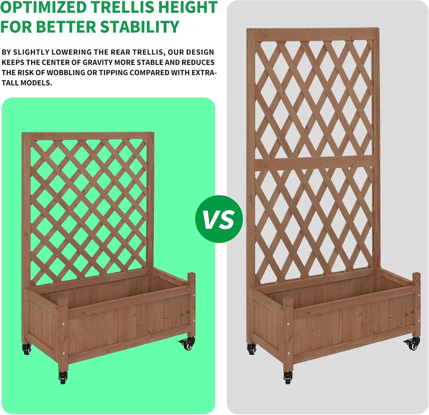 2 Pcs Wooden Planter Boxes with Trellis: Four Universal Wheels for Easy Mobility, 37.6" H x 27.5" W x 13" D,Perfect for Outdoor Climbing Plants on Patios, Balconies & Gardens