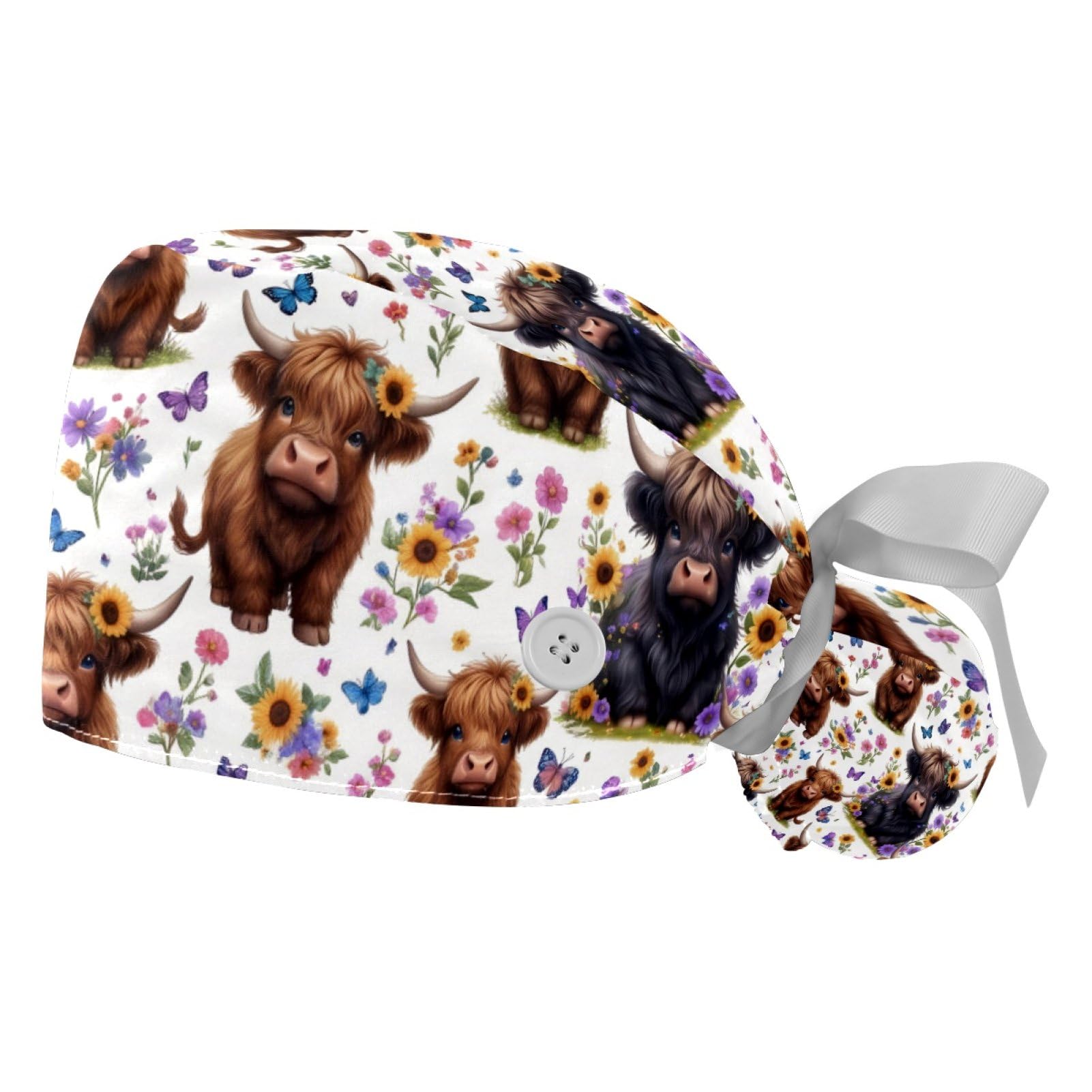 2 PCS Bouffant Cap with Button Ponytail Pouch Working Cap Sweatband Adjustable Surgical Cap Black and White Cow