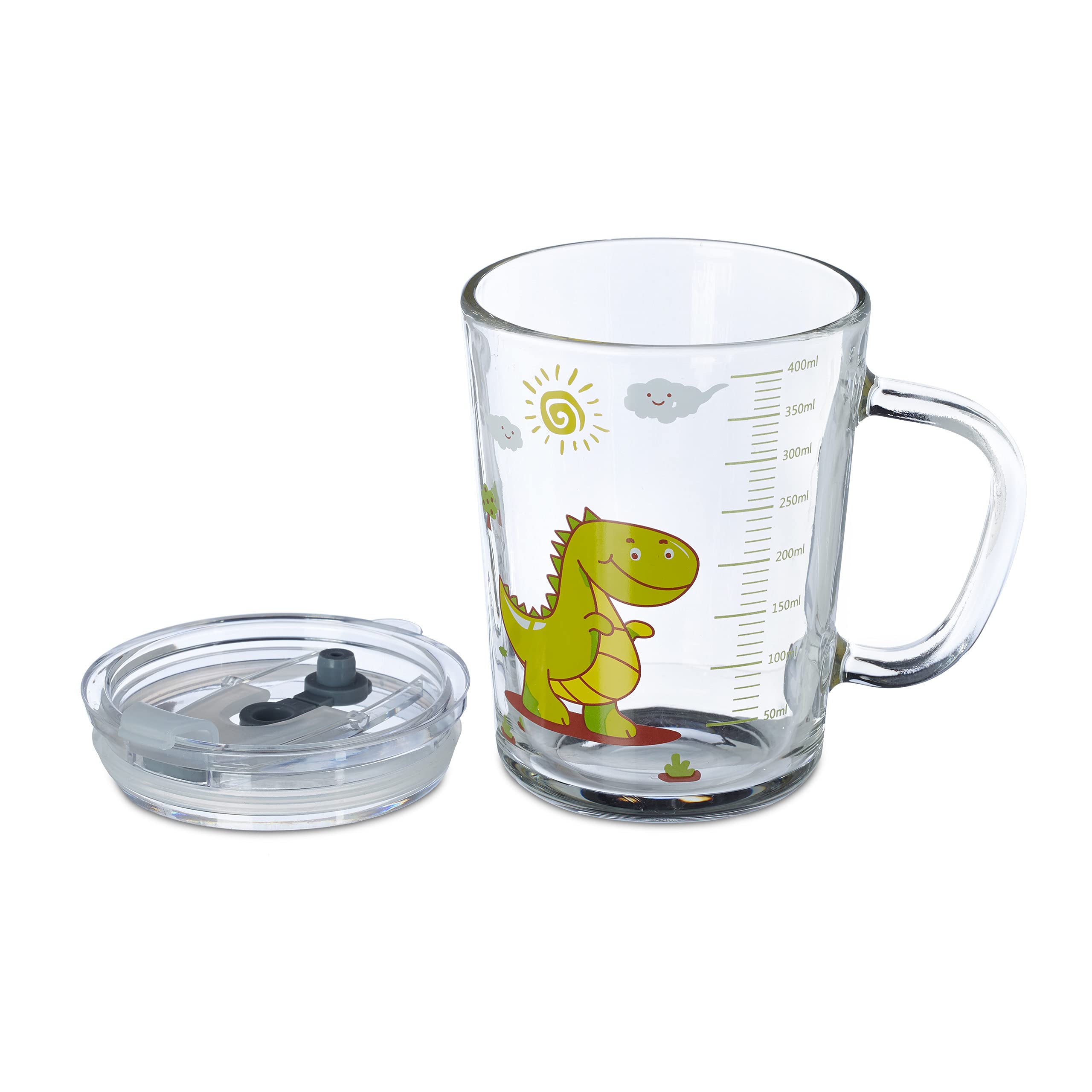 Relaxdays Set da 2 Tazze per Bambini in Vetro con Cannuccia in Silicone e Tappo, 400 ml, Dinosauro, Verde/Trasparente