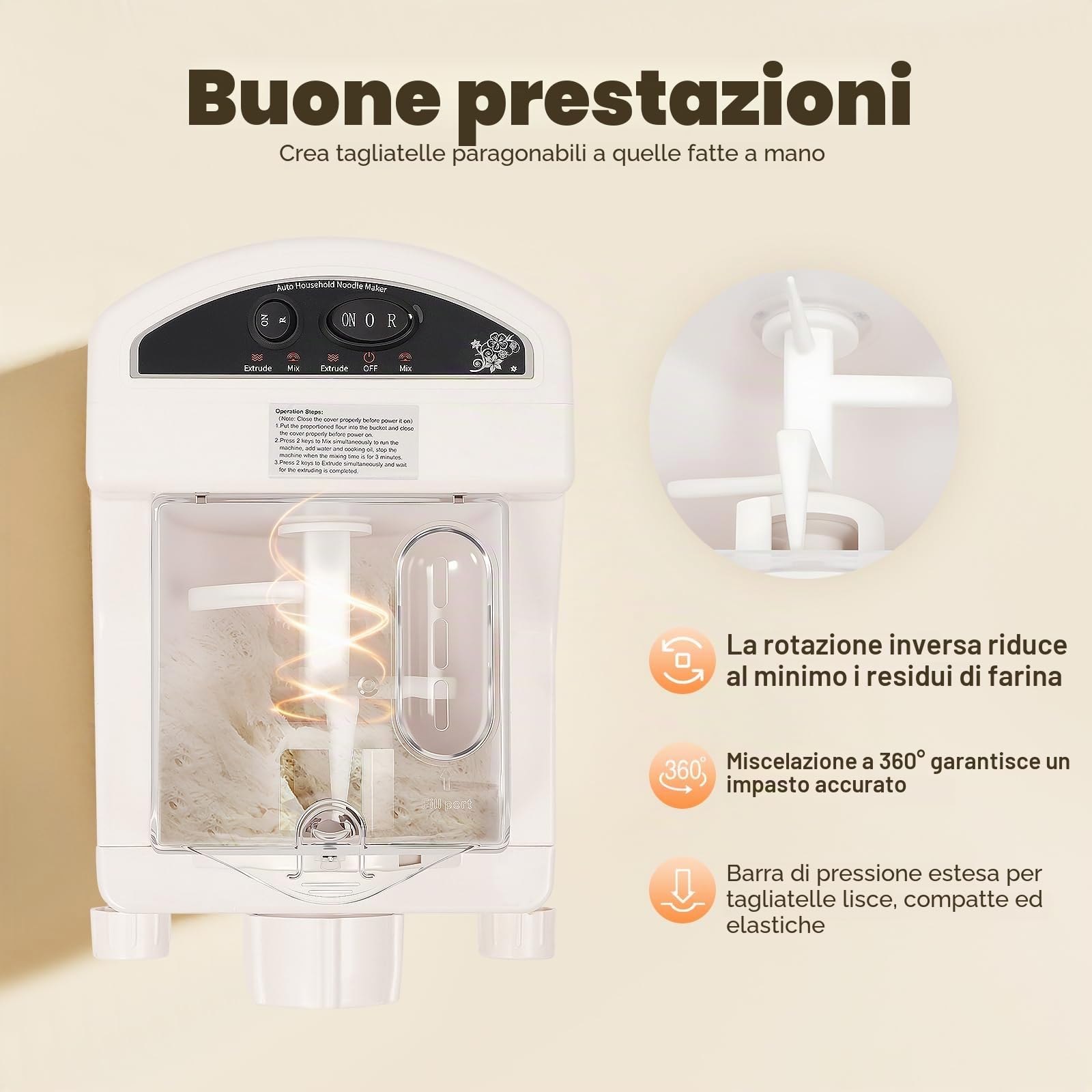 Macchina per la pasta, Pasta Maker Automatico con motore in rame, pasta fatta in casa in 12 minuti, 9 forme in acciaio inox, modalità retromarcia, pasta per verdure, clip di sicurezza, capacità 500g