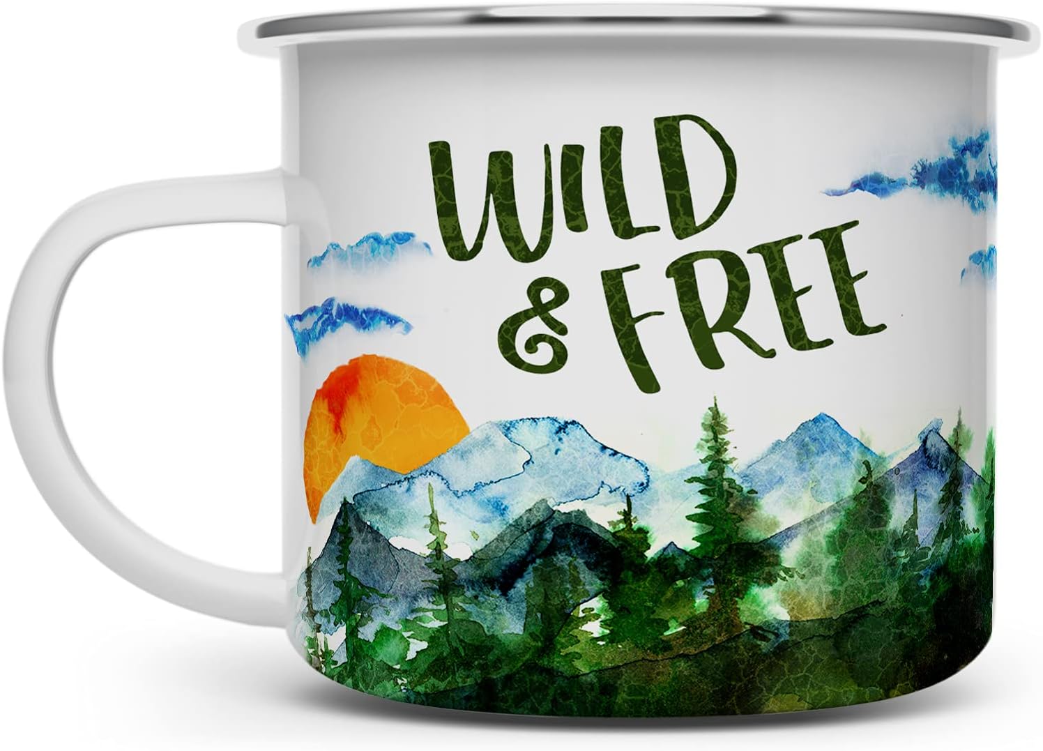 Wild and Free Enamel Campfire Mug, Outdoor Adventure Enthusiast Camping Coffee Cup, Wanderlust Mountain Nature Hiking Camp Lover Gift (16oz)