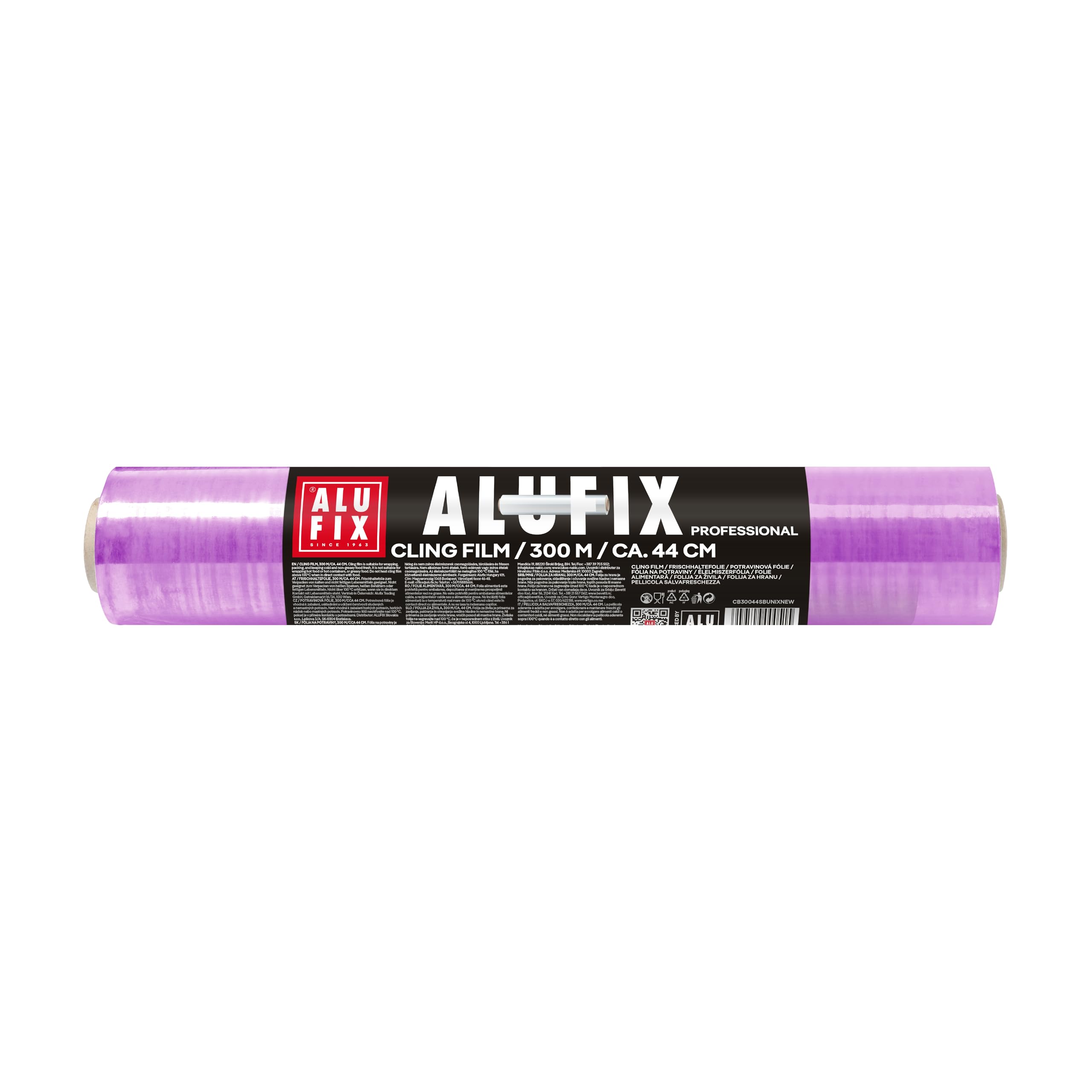 Envoltorio alimentario transparente ALUFIX/ 1 rollo/ 44cm x 300m/ PVC/ 8 μm/autoadhesivo/para embalaje/para transporte/para alimentos/protección de alimentos/