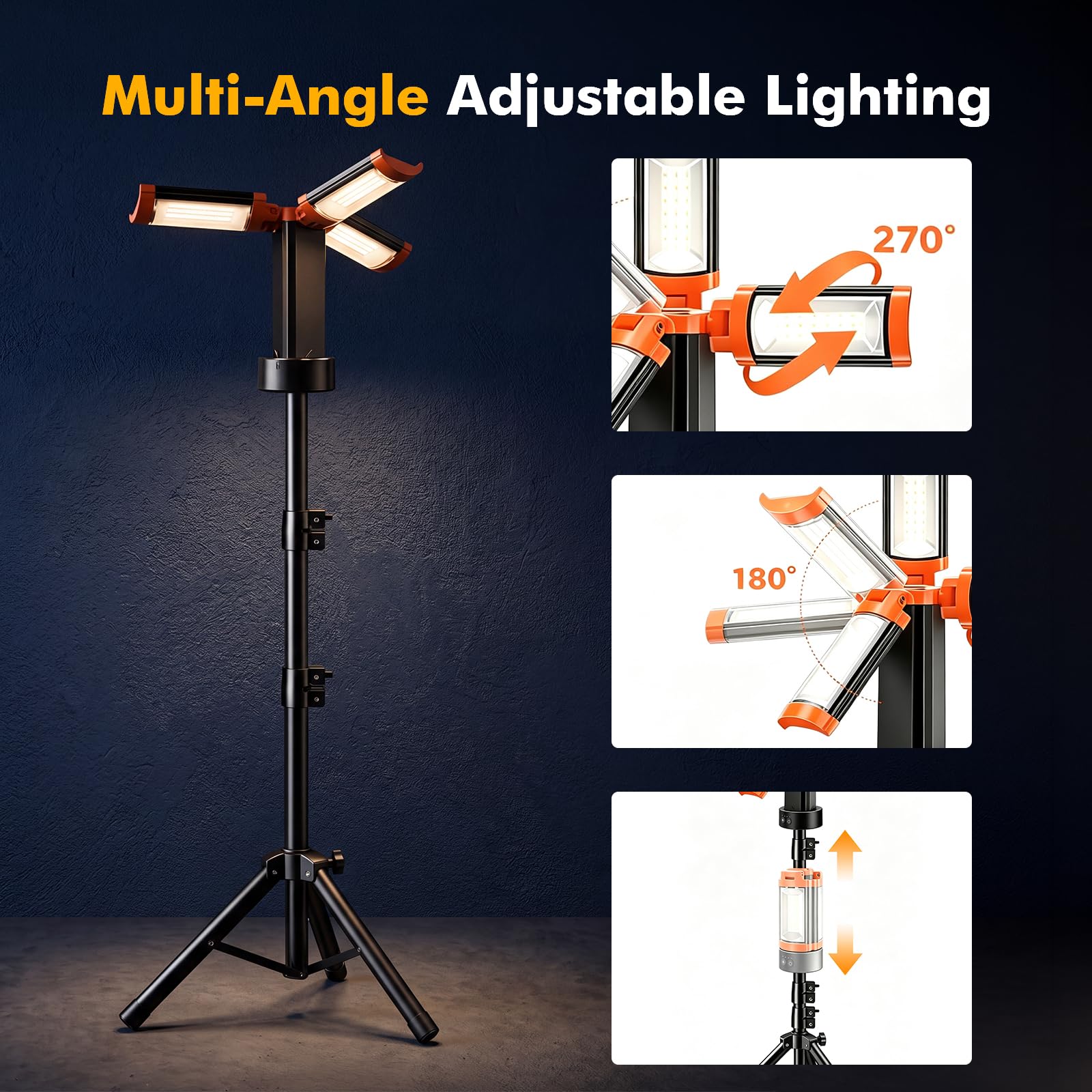 Lampe de camping rechargeable 12 000 mAh avec support réglable, lampe de travail sans fil avec 3 têtes de lampe LED, 2200 lumens à intensité variable, lampe de poche d'urgence magnétique avec trépied