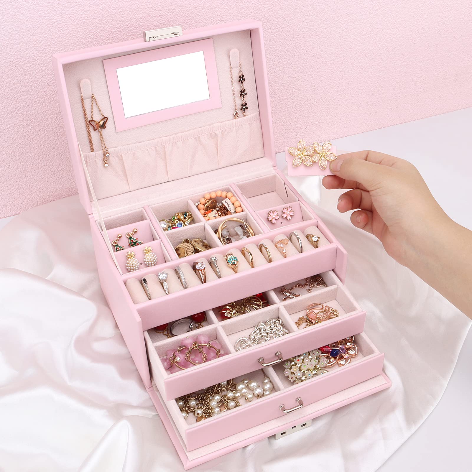 Caja joyero, Organizador de Joyas Grande con Cajón y Cerradura, Organizador Joyas Joyeros Organizador de 3 Niveles con Espejo, Caja organizadora para Collares Pendientes, Anillos, Rosa