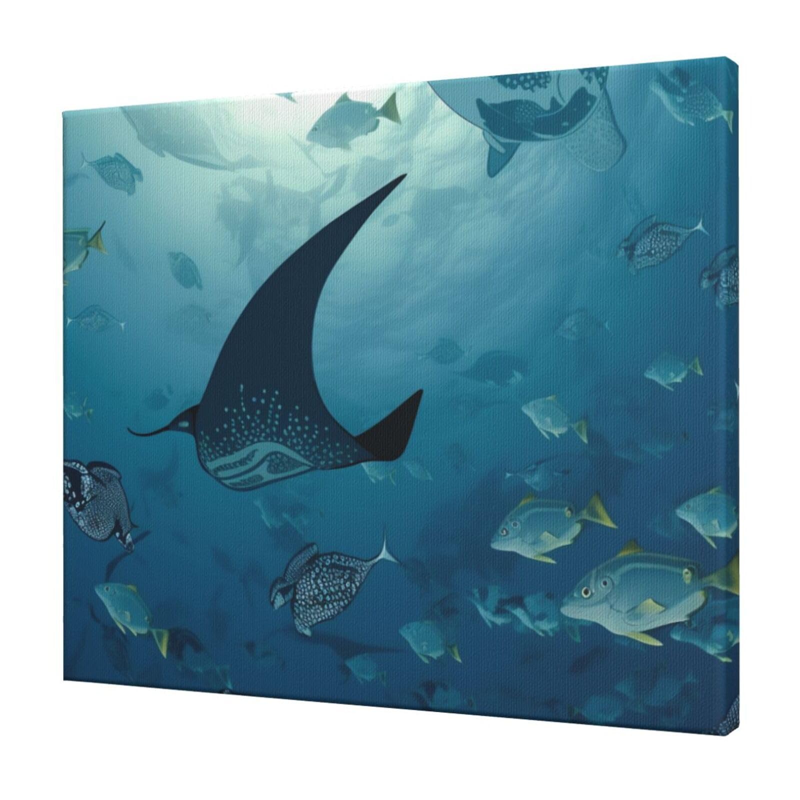 YKLJG Manta Ray and Fish Printed Wall Art Canvas Prints 60x50 CM Wooden Framed Picture Painting Artwork for Bedroom Kitchen Home Office Decor