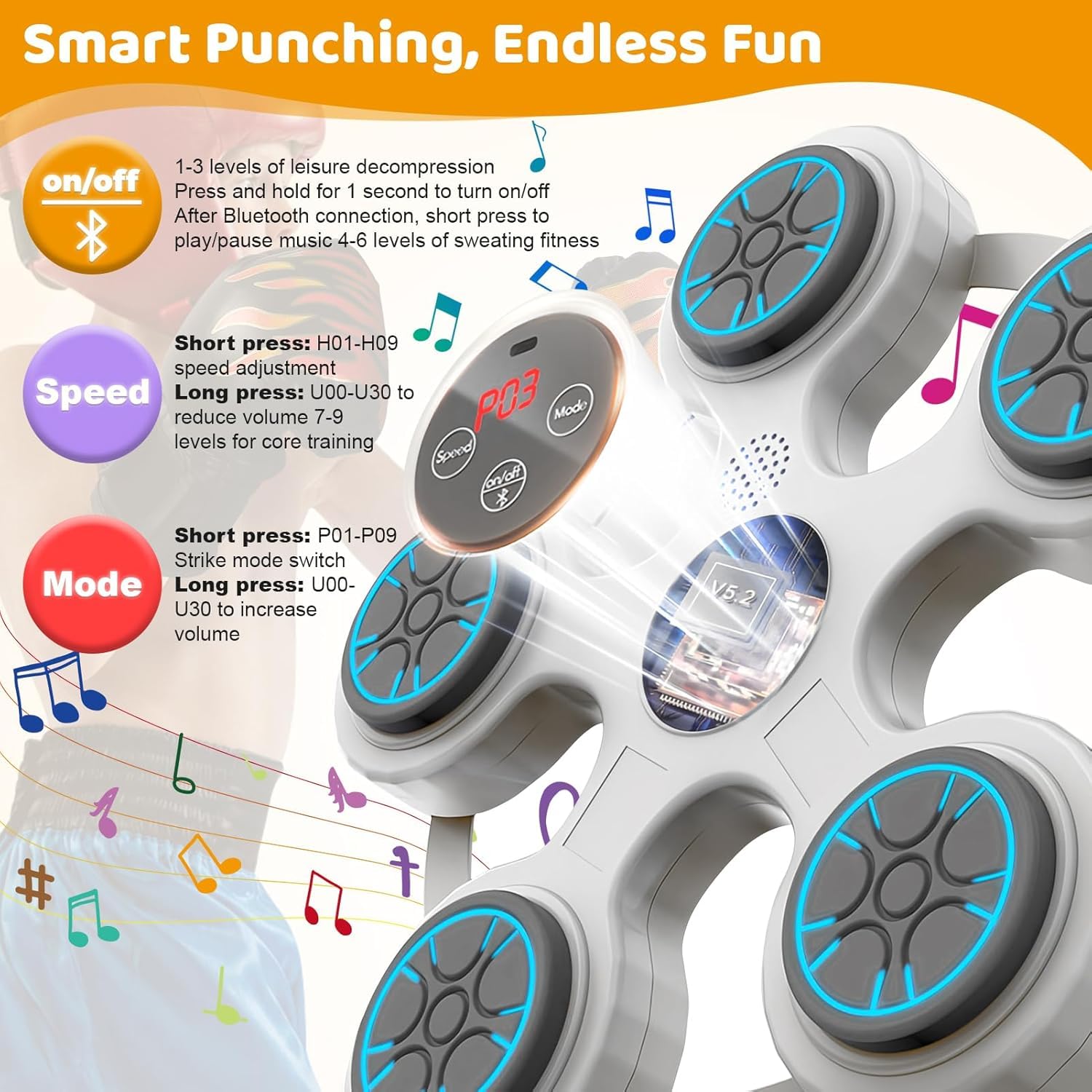 Music Boxing Machine per Adulti,Elettronica Bluetooth Boxing Machine con Musical Boxing Machine con Guantoni da Boxe,11 Velocità Regolabile e modalità di conteggio