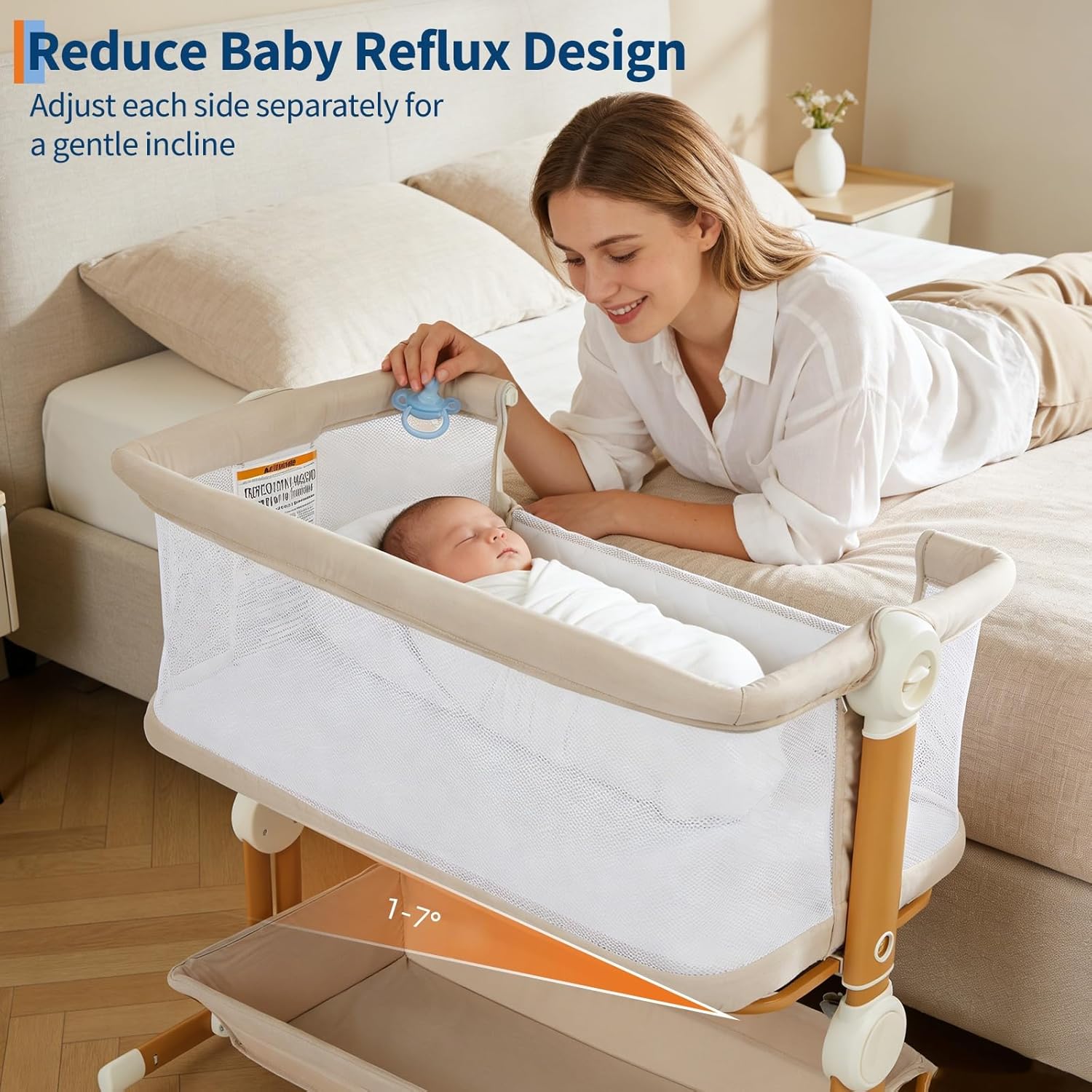 Baby Bassinet, 3-in-1Bassinet Bedside Sleeper with Wheels, Large Storage Basket, Cozy Mattress, Full Mesh Sides, 6-Height Adjustable,1-7°Anti-Reflux Incline, Easy Folding Portable Bassinet for Newborn