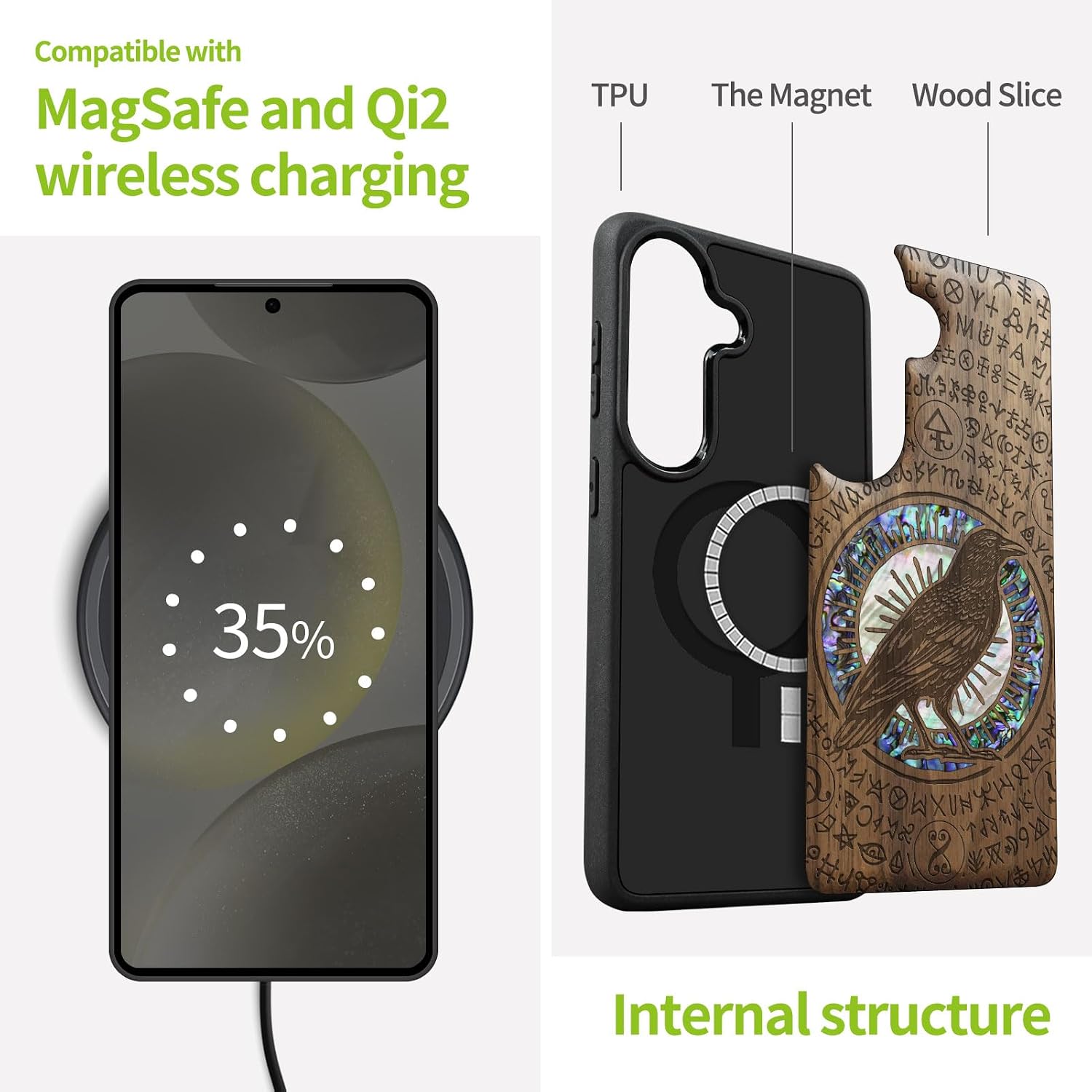Carveit Magnetic Wooden Case for Samsung Galaxy S26 Case, Wood Artisan Engraved & Handmade Shell Inlaid, Compatible with MagSafe Wireless Chargers (Haloed Crow) Walnut