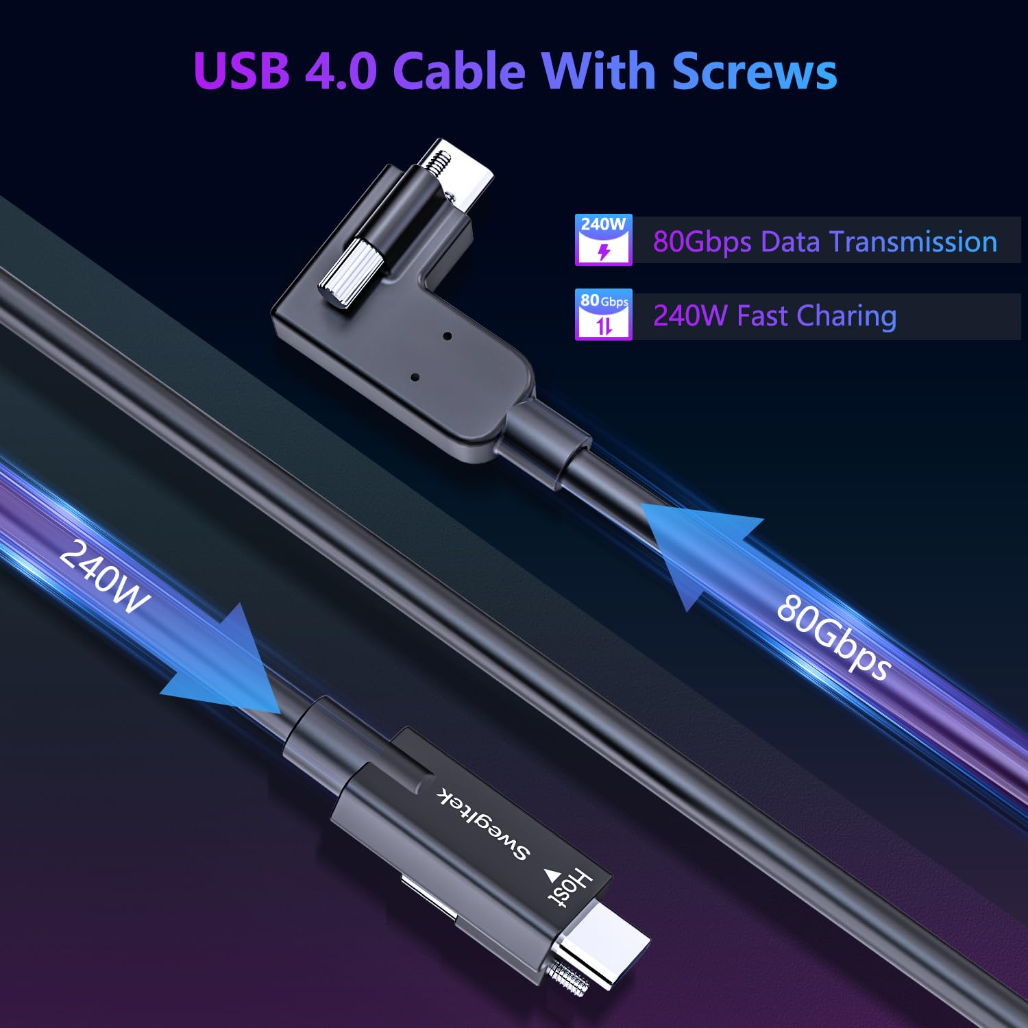 Angled USB4 Cable for Thunderbolt 3&4,80G3.3ft Data Transfer,240W Fast Charging,Dual Screw Locking,USB c Thunderbolt Cable Compatible with Broadcast Cameras MacBook,iPhone17/16,iPad,SSD,Dock