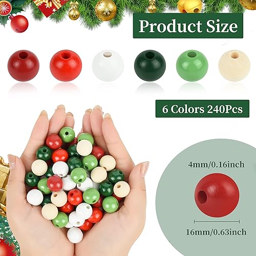Miniatura 4 de 240 cuentas de madera de Navidad, cuentas de madera natural para manualidades, verde y rojo, de 0.63 pulgadas, cuentas para manualidades, guirnalda