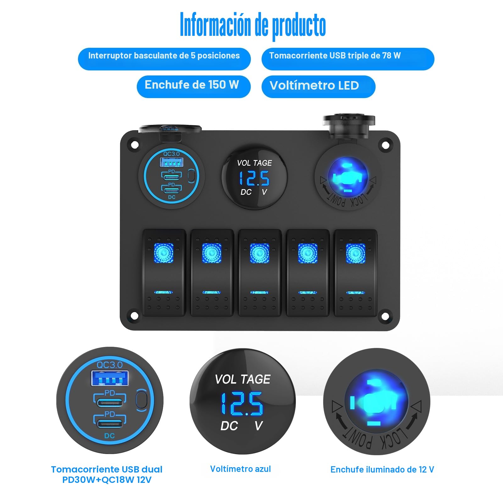 Panel de Interruptores Marinos Impermeables, 5 Gang Rocker Switch Cargador de Aluminio con 3 puertos 66W 12V USB Outlet, 150W Enchufe del encendedor y Voltímetro LED azul para Camión Coche RV, etc.