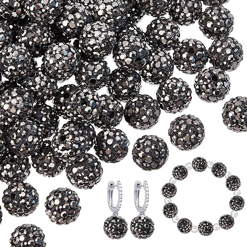 PH PandaHall 100 cuentas de arcilla de hematita con diamantes de imitación negros de 0.394 pulgadas (0.394 in)  cristal de polímero pavimenta bola