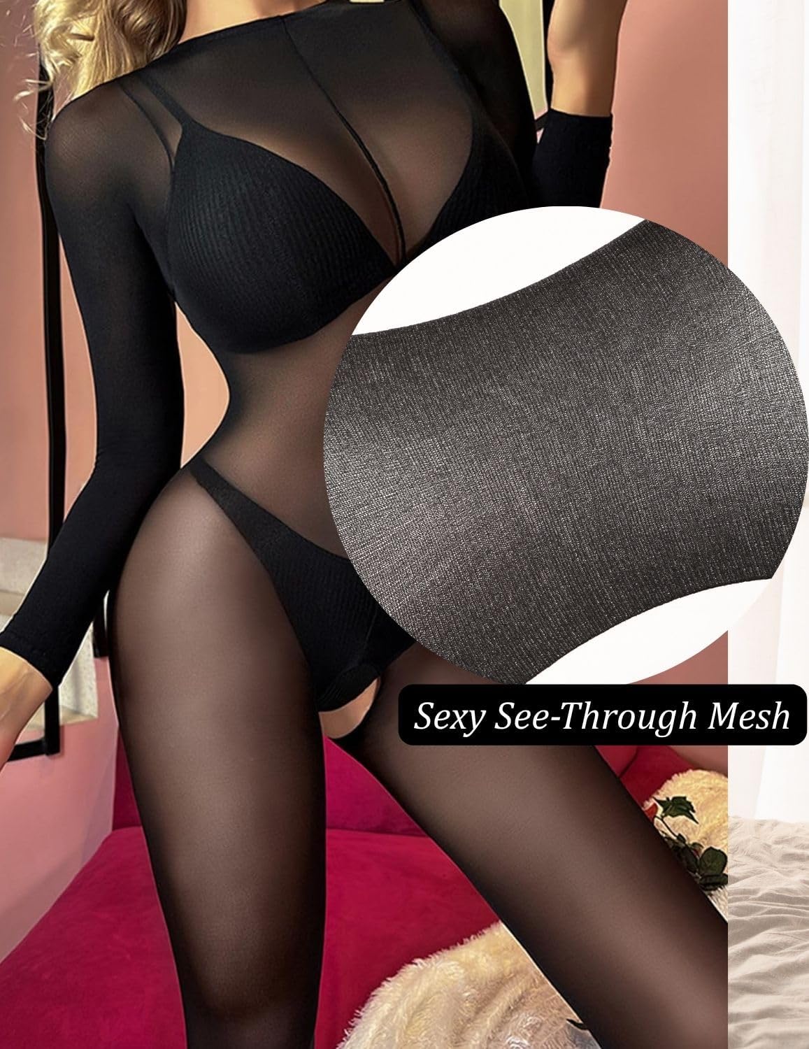 ROSVAJFY Women Sexy Sheer Mesh Bodystocking Long Sleeve Bodysuit Lingerie See Through Body Stockings Full Body Naughty Fishnet Bodycon Babydoll Stretchy Nightwear Tights Jumpsuit Underwear